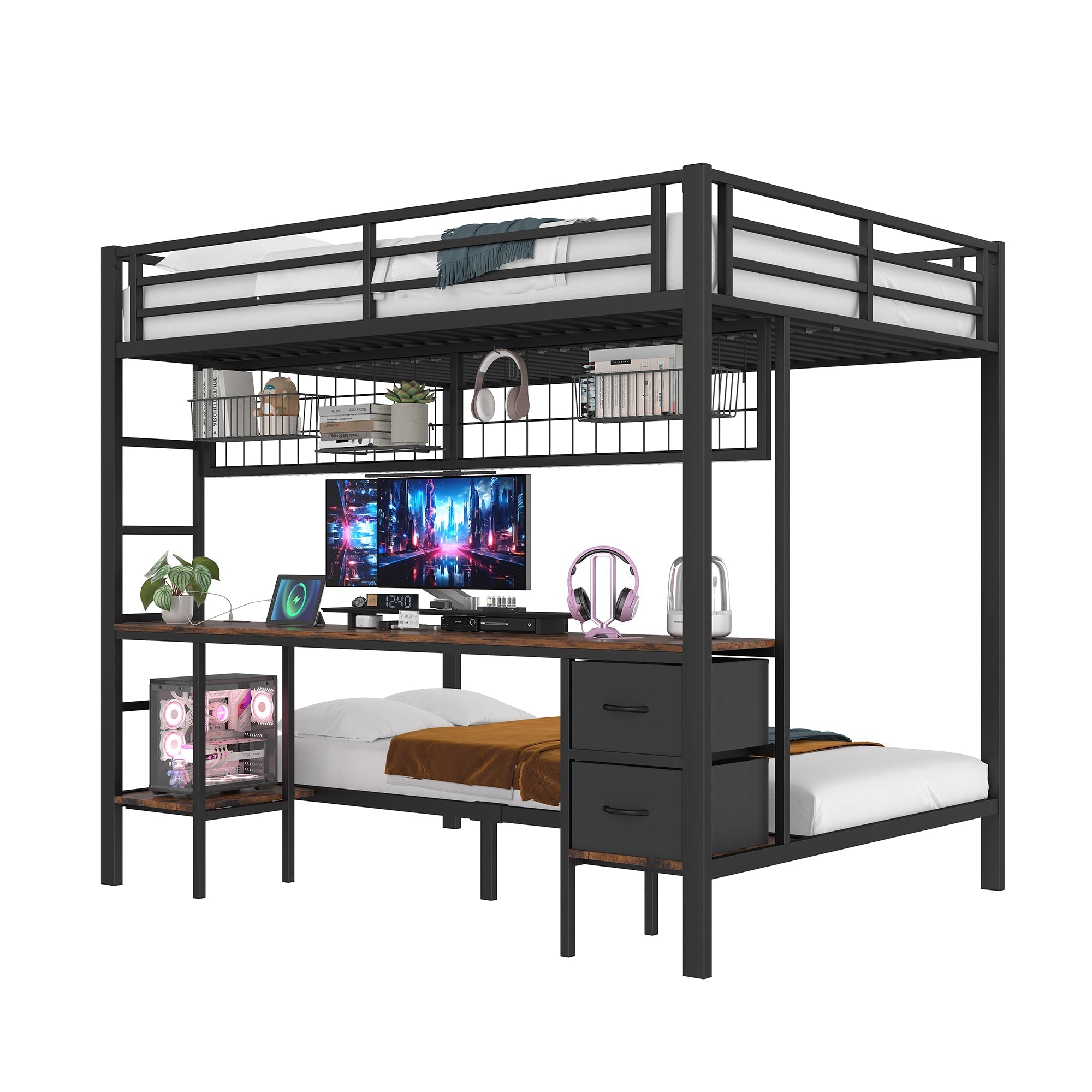 Loft Bed 90x200/140x200 Iron Frame Drawers Desk Storage LED USB Black