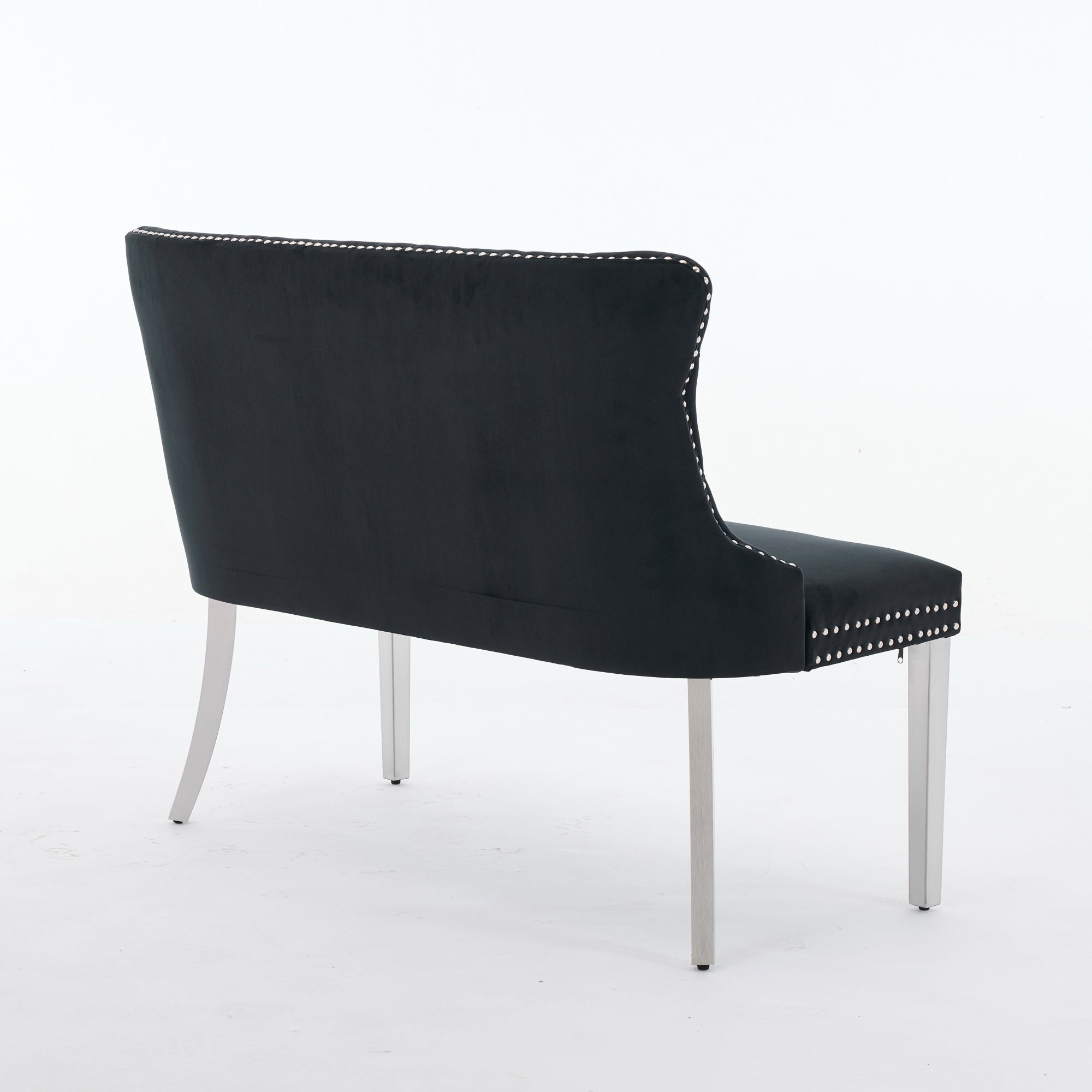Velvet Double Dining Loveseat Bench, 2-Seat Tufted Wing Back with Brushed Silver Legs, Black Velvet
