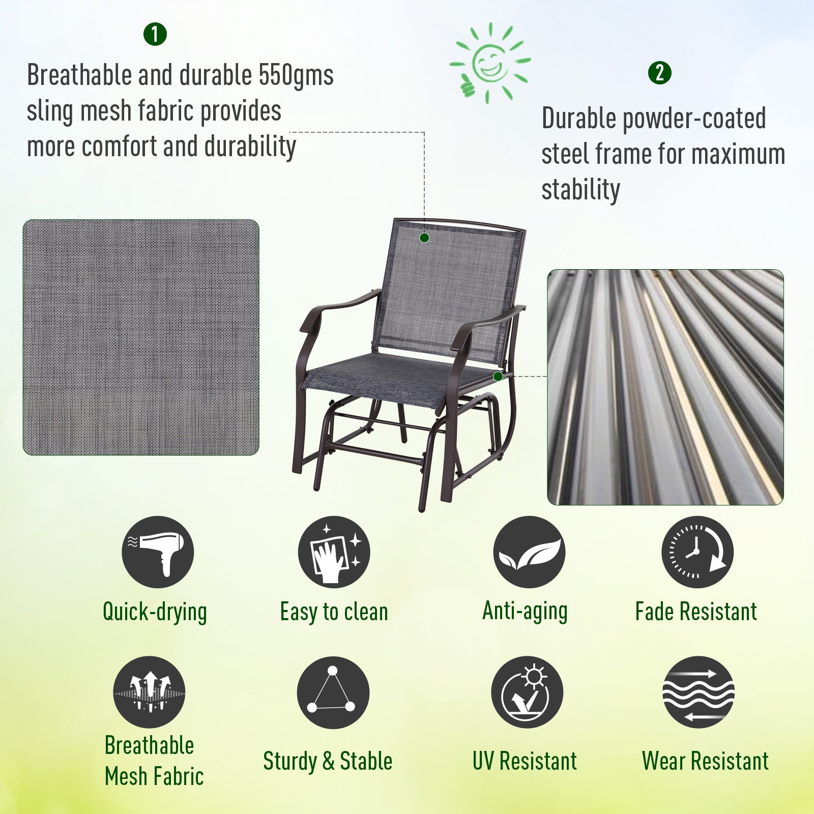 Glider Rocking Chair & Table Set, 2 Single Seaters Bistro Set, Grey