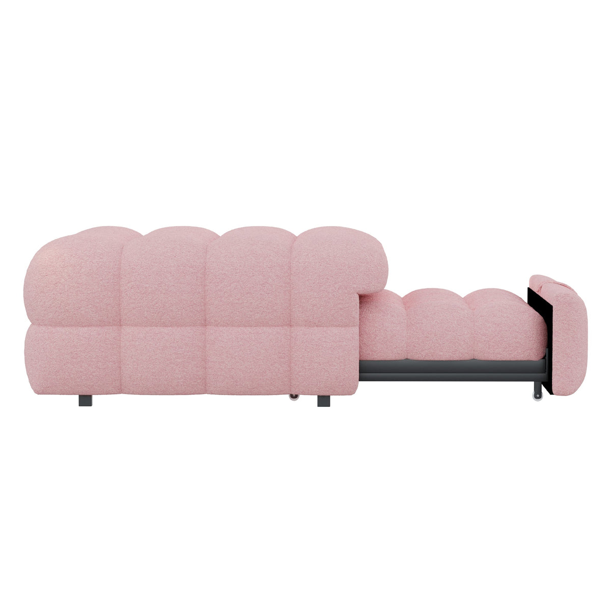 Upholstered Bed, 2-in-1 Footstool Pull-Out Sofa Single Puffy, Teddy Fabric Pink