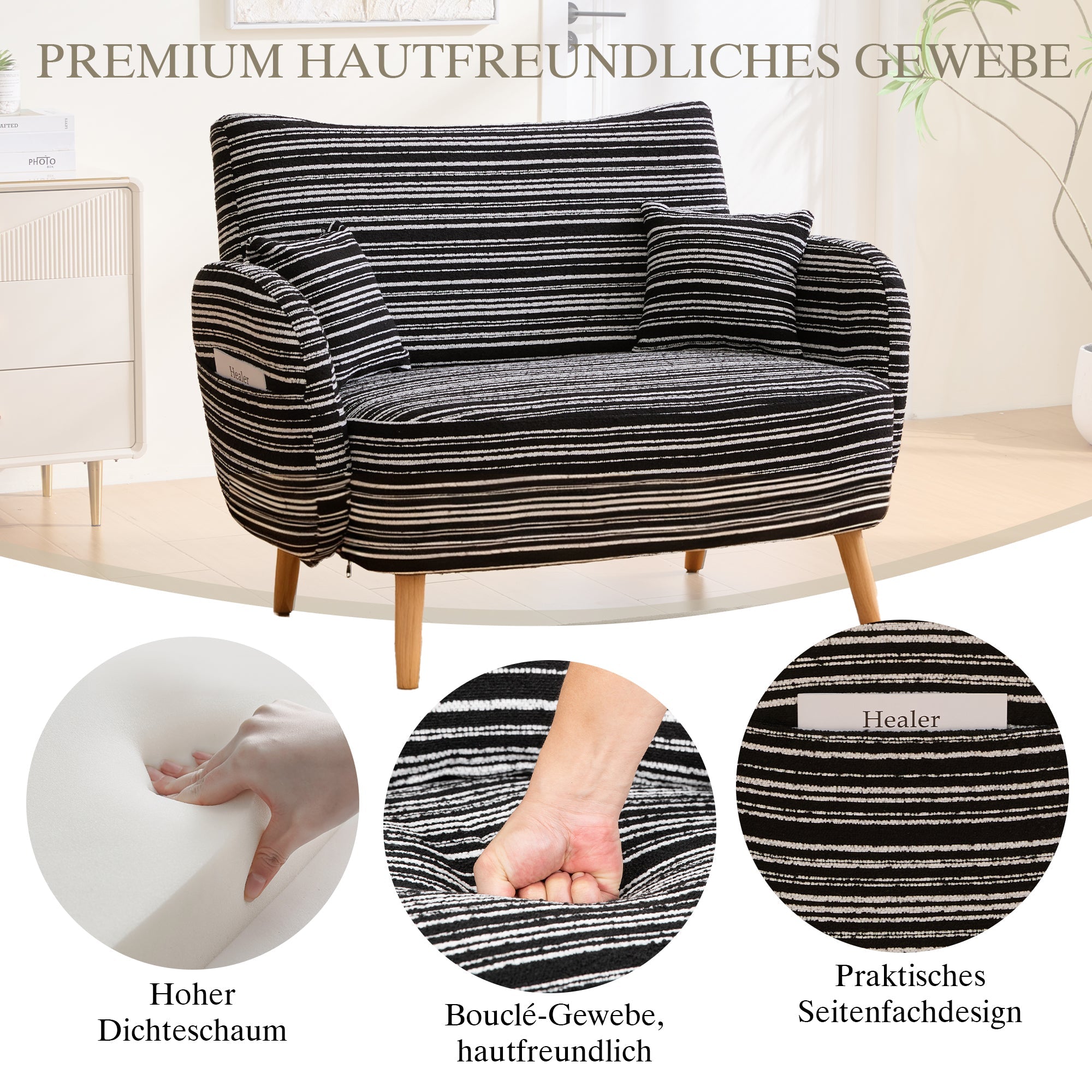 Modern Two-Seater Sofa with Armrest Cushions and Storage Bag, Boucle