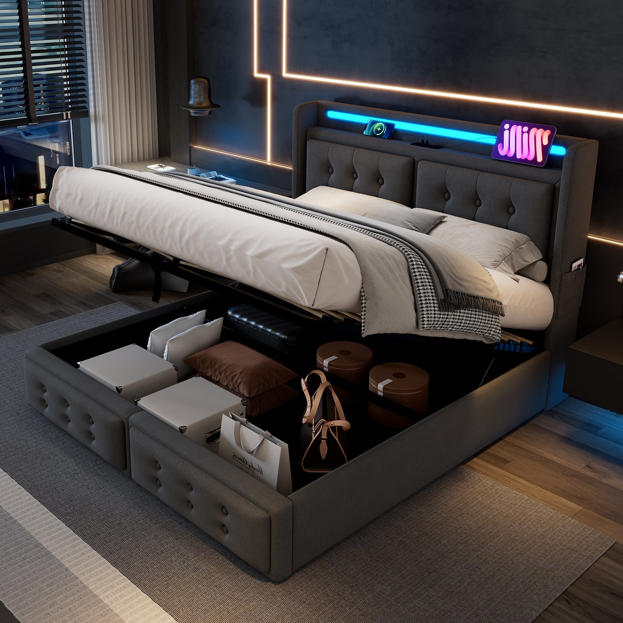 Upholstered Bed 160x200, LED Headboard & USB C, Hydraulic, 300kg Capacity, Gray Cotton