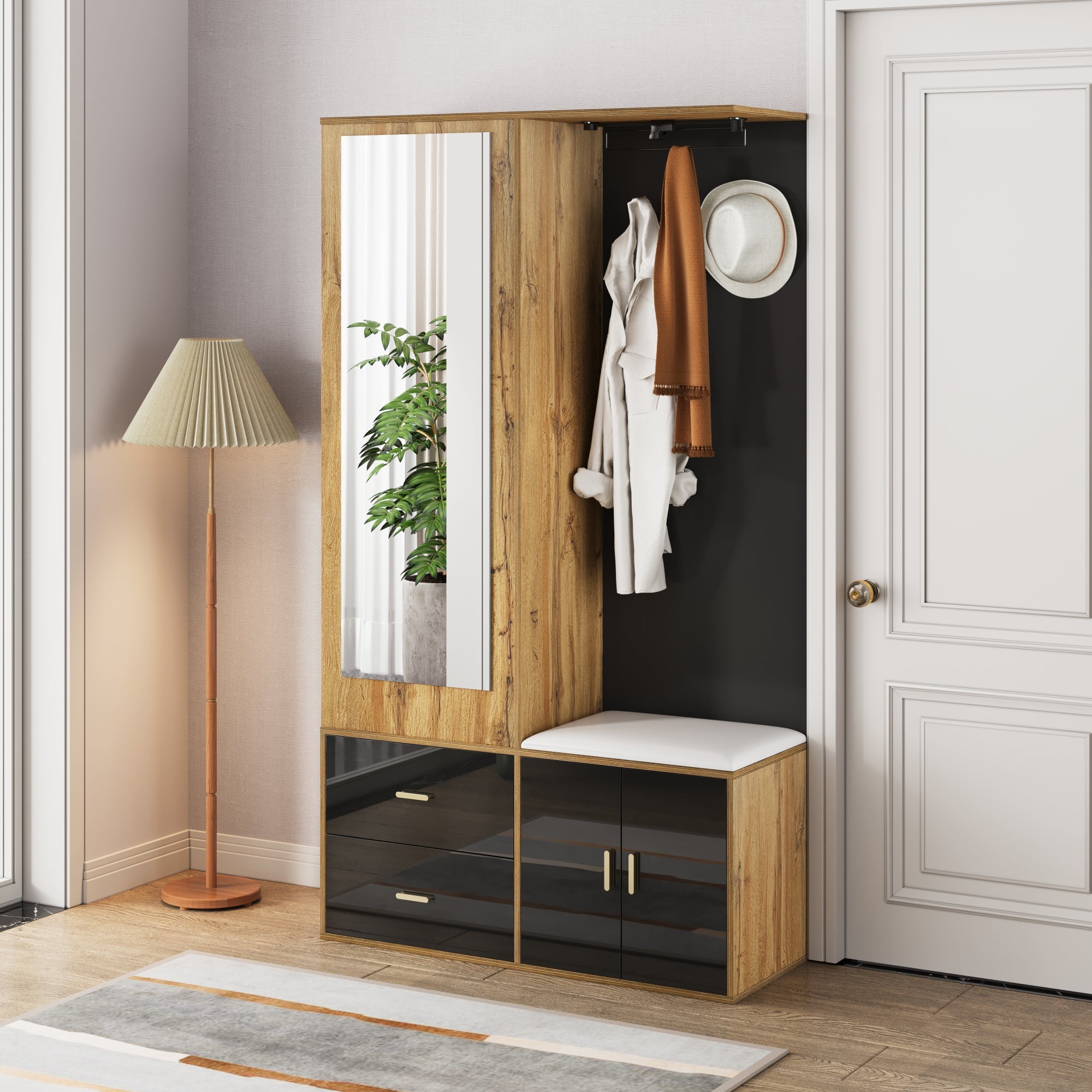Wardrobe Set with Mirror, Shoe Cabinet & Bench, Black and Wood
