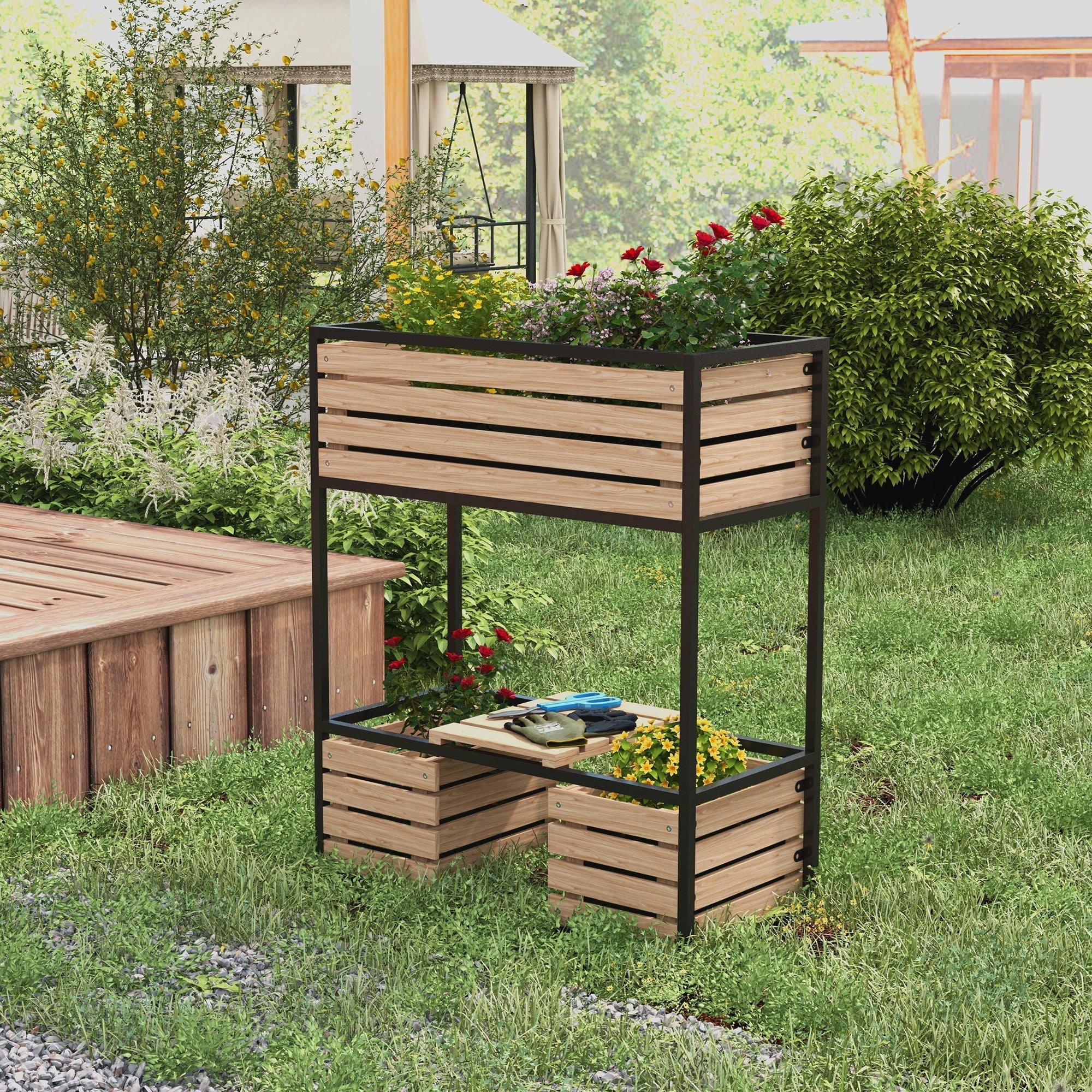 Wooden Raised Bed, 2-Tier Flower Box with Shelf 83x39x100 cm, Light Brown
