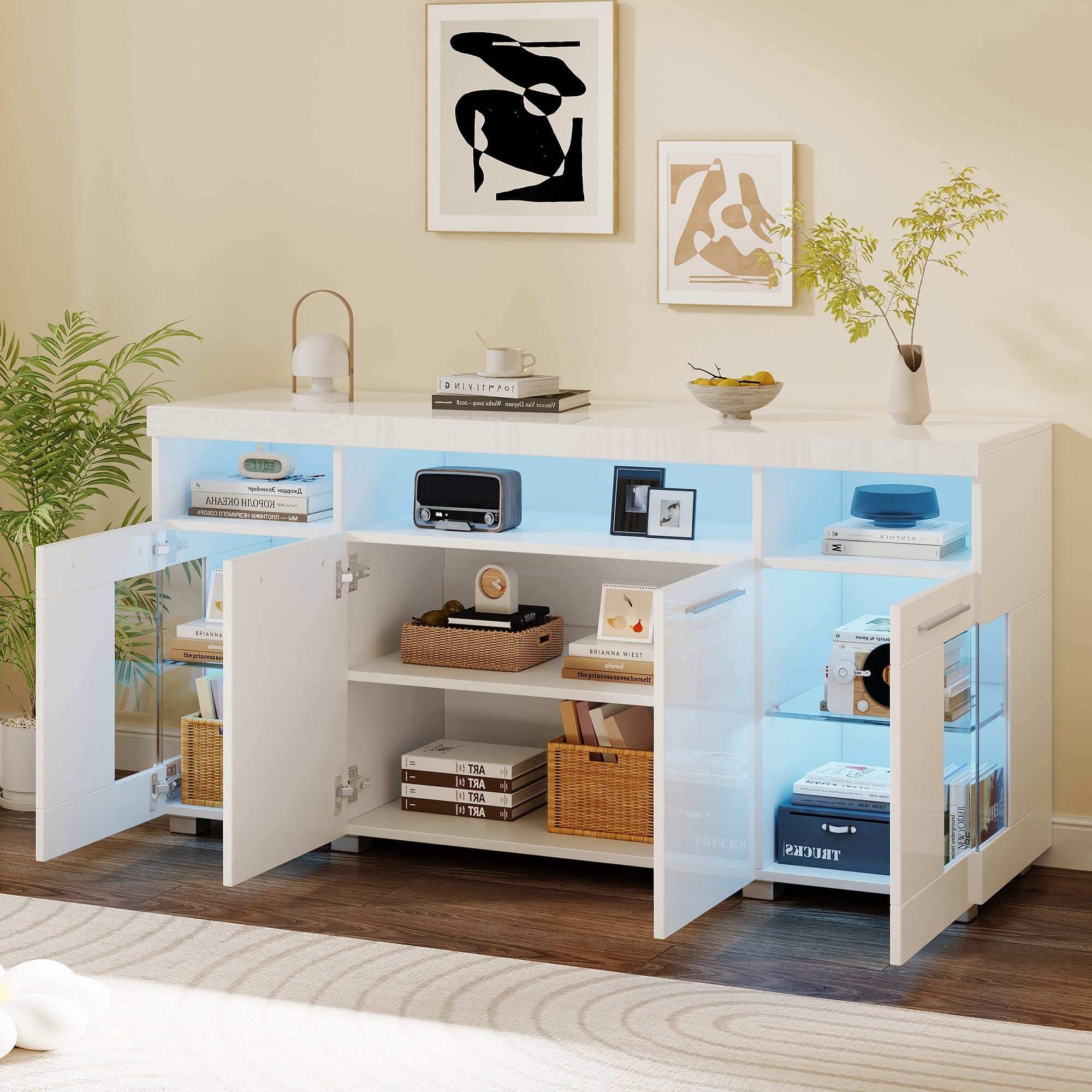 Side Table High-Gloss Sideboard 140x40x70cm LED Light 3 Compartments, White