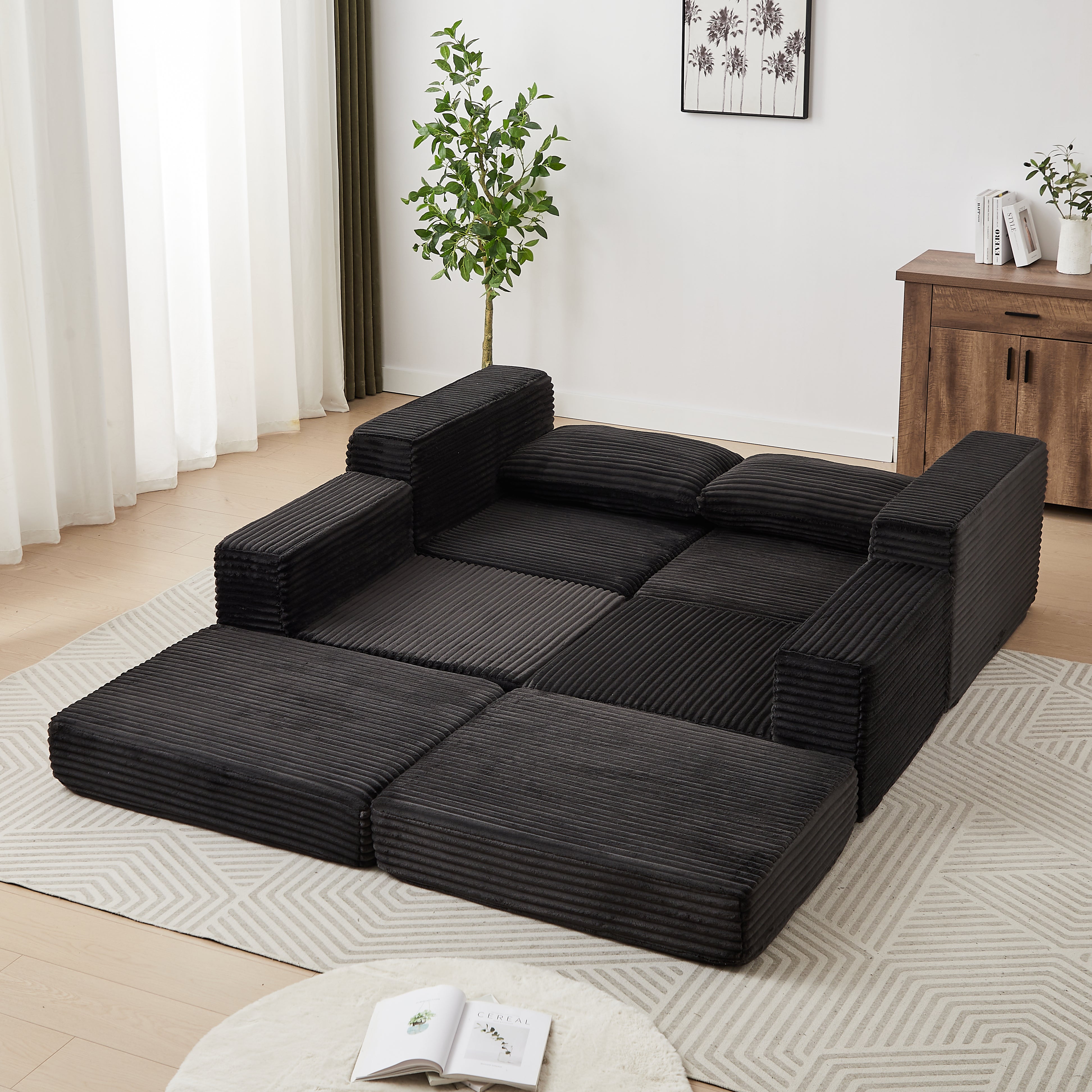 Corduroy 2-in-1 Sofa Bed with Removable Footstool and Modular Design, Corduroy