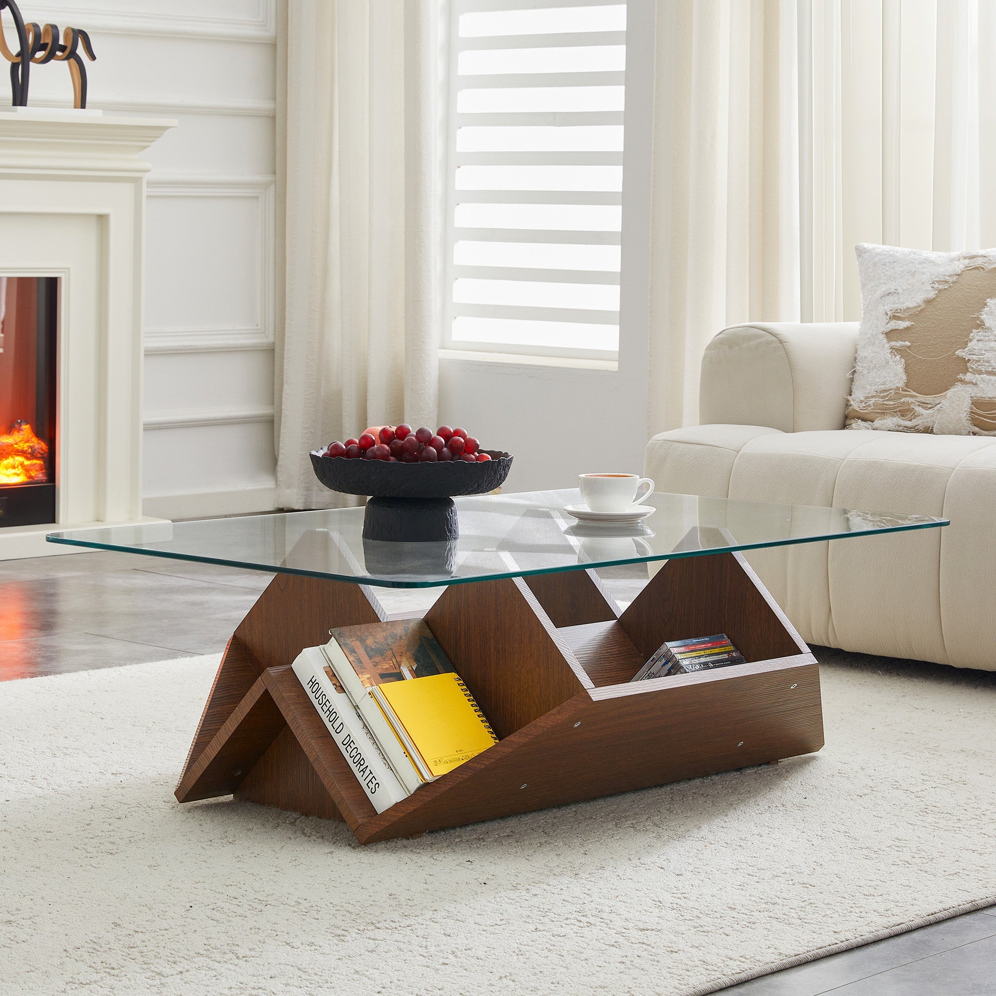 Multi-Storage Coffee Table with Tempered Glass and Spacious Compartments, Walnut Finish MDF