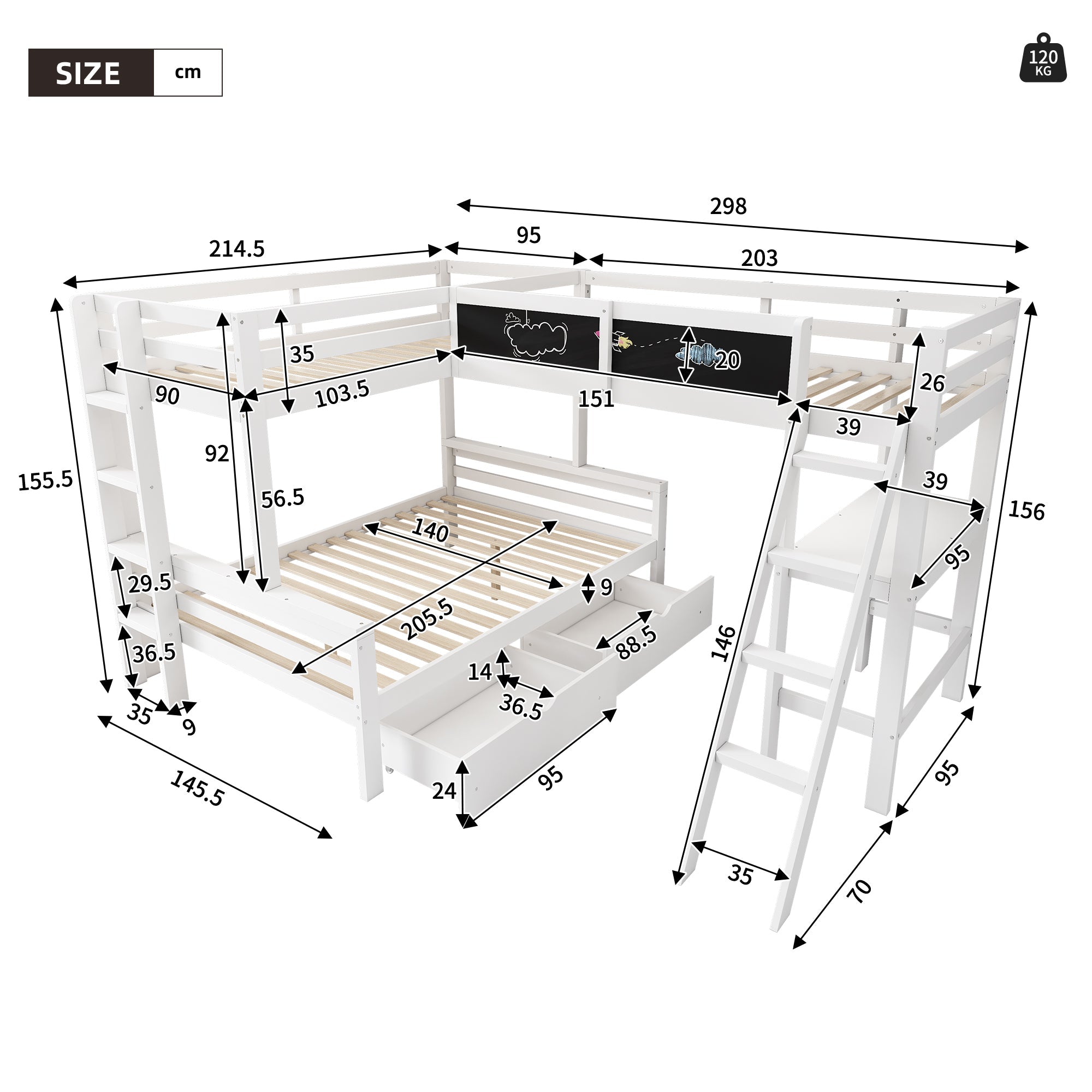 Children's Loft Bed with Desk, Shelf and Drawers, Sleeps Three, 90x200cm and 140x200cm, White Pine Wood