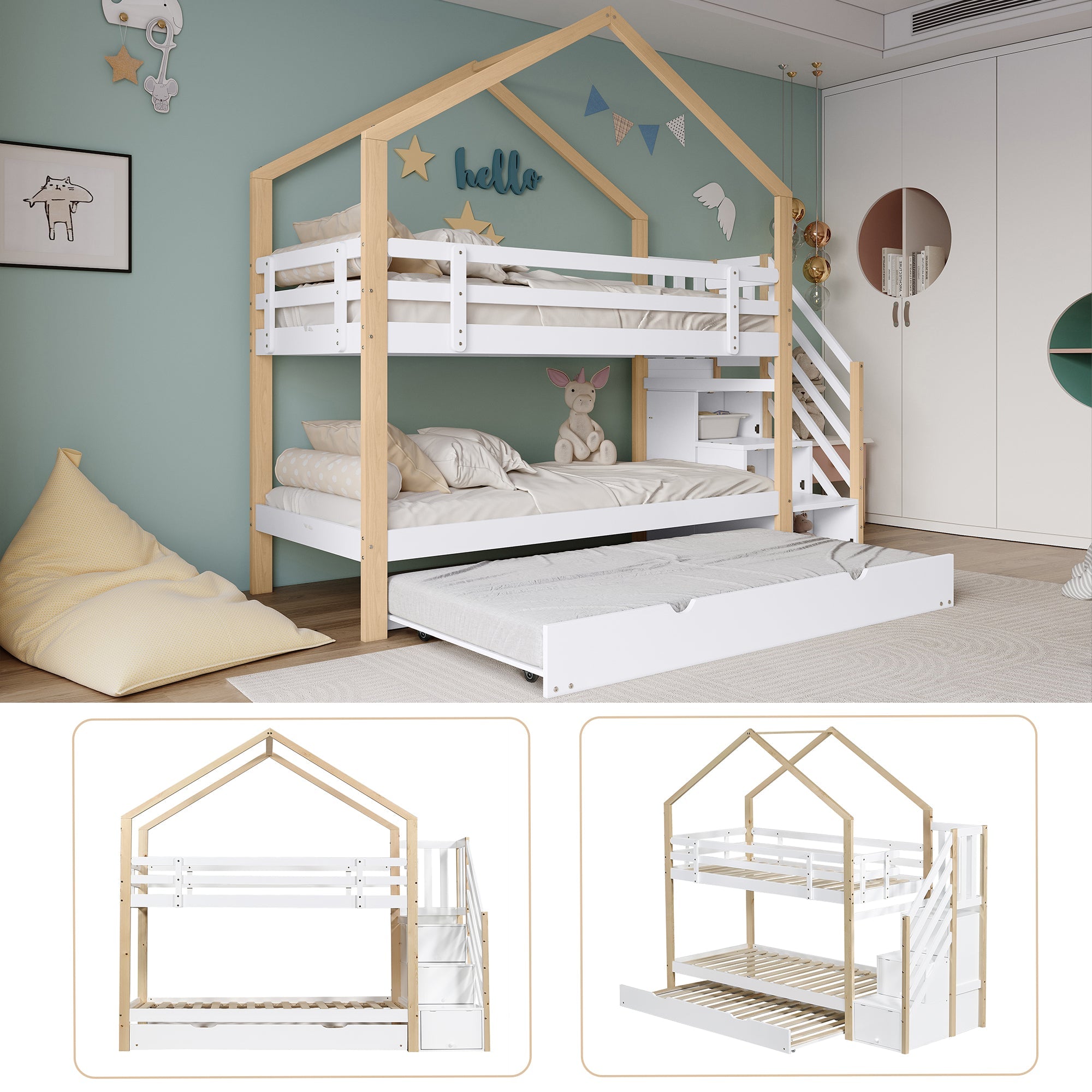 Bunk Bed, Pull-Out Treehouse with Sliding Bed & 3-Drawer Stairs, Natural + White