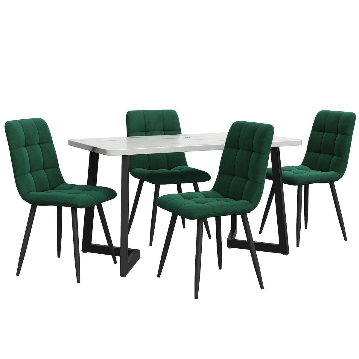 5-Piece Dining Set 117cm Rectangular Kitchen Table & 4 Dark Green Velvet Chairs Black Legs