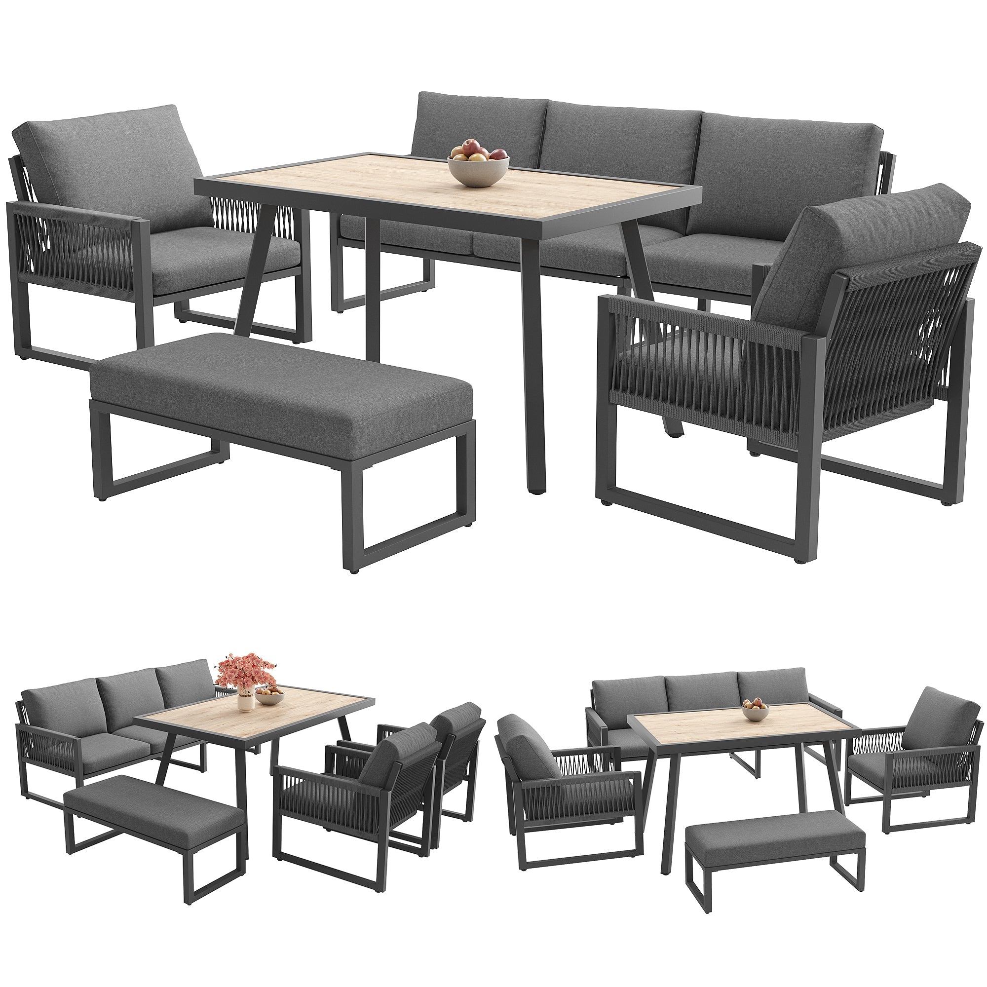 6-7 Seater Garden Lounge Set with Dining Table and Weatherproof Cushions, Gray