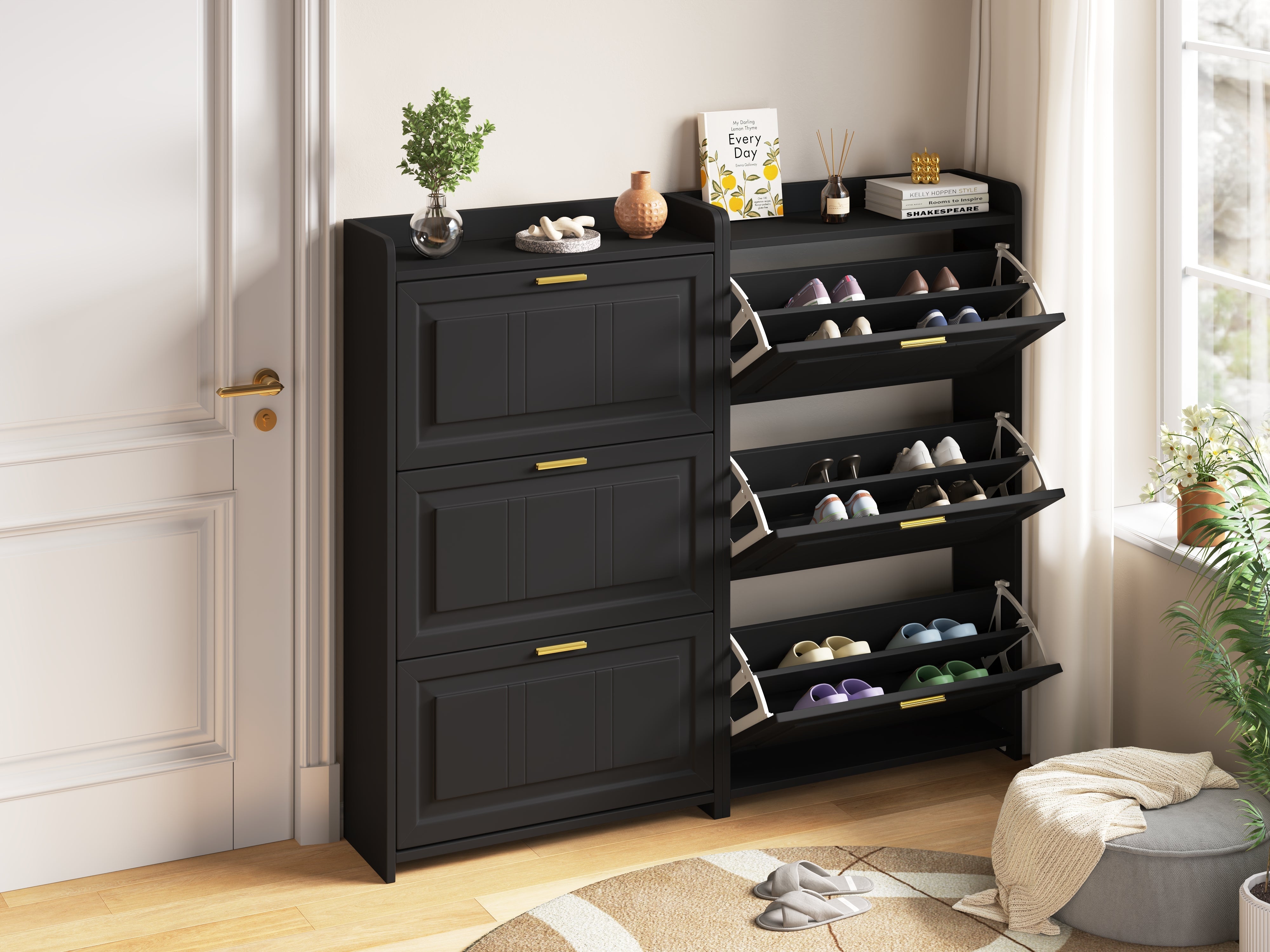 Shoe Cabinet Set with 6 Compartments and 2-Piece Design, Black MDF and Chipboard