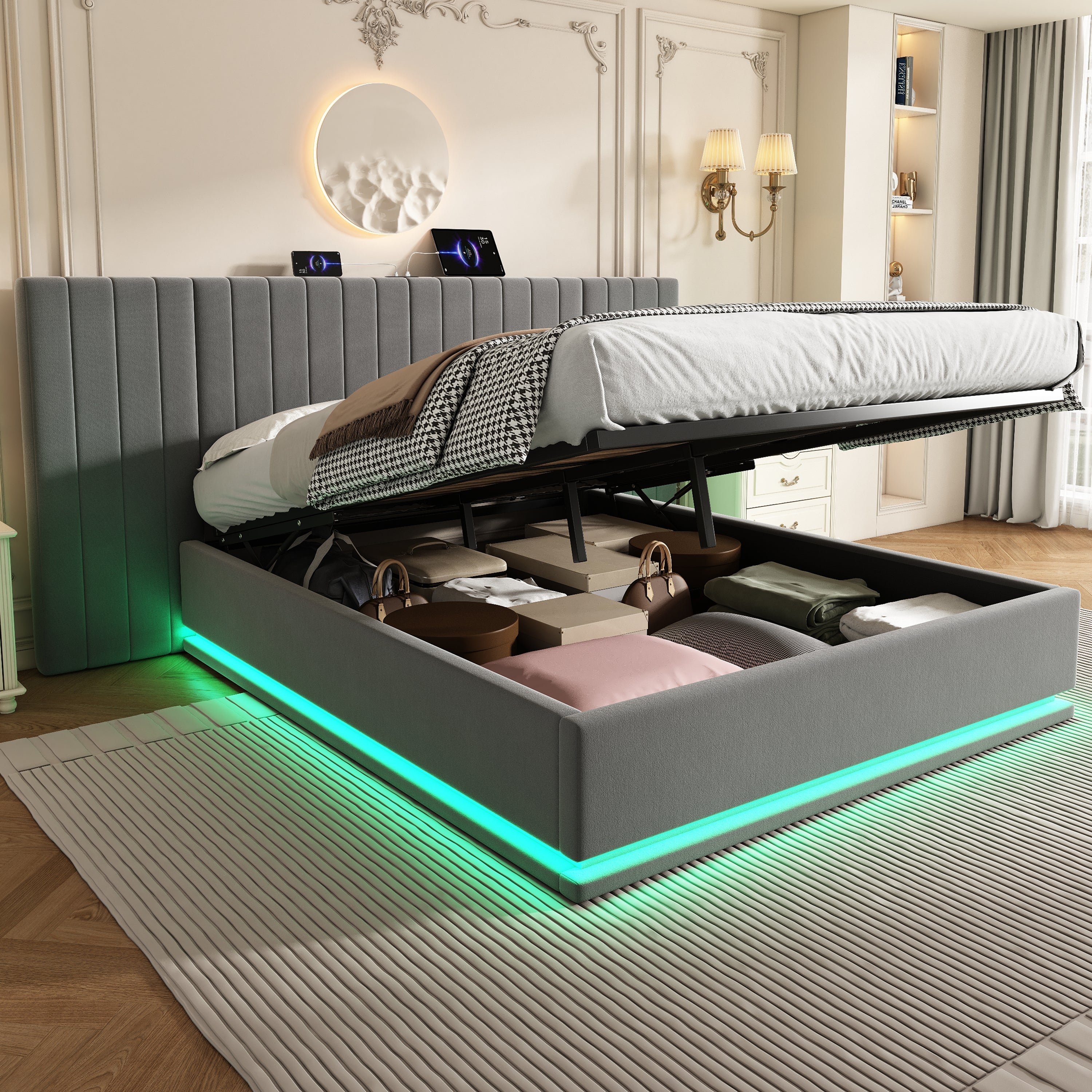 King Ottoman Bed with LED Storage and Charging Station, Velvet Grey