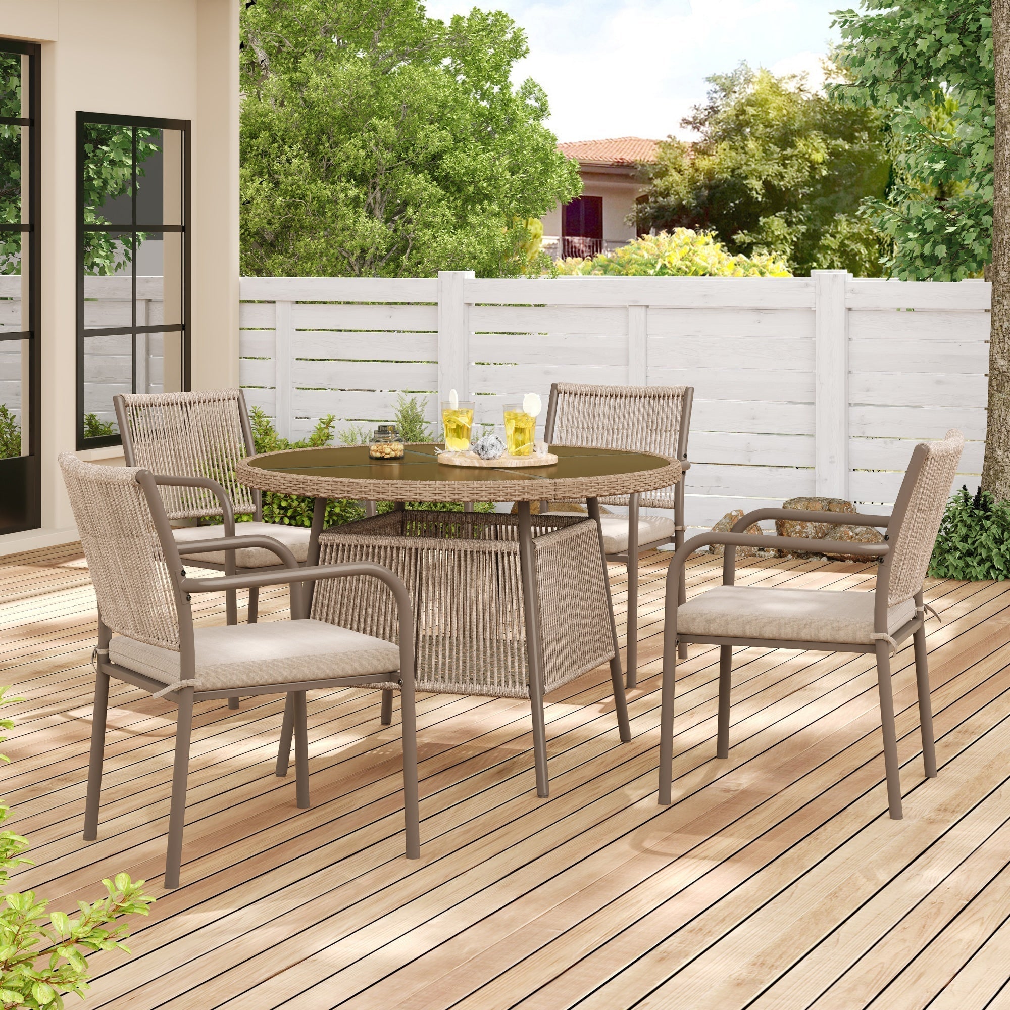 Rattan Garden Set Round Glass Table 4 Armchairs - Iron Frame