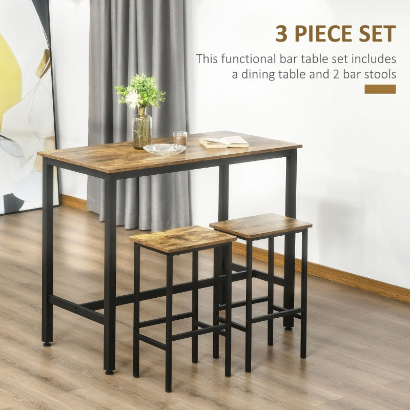 120x60cm Bar Table Set, 3-Piece Counter Height with 2 Stools, Rustic Brown
