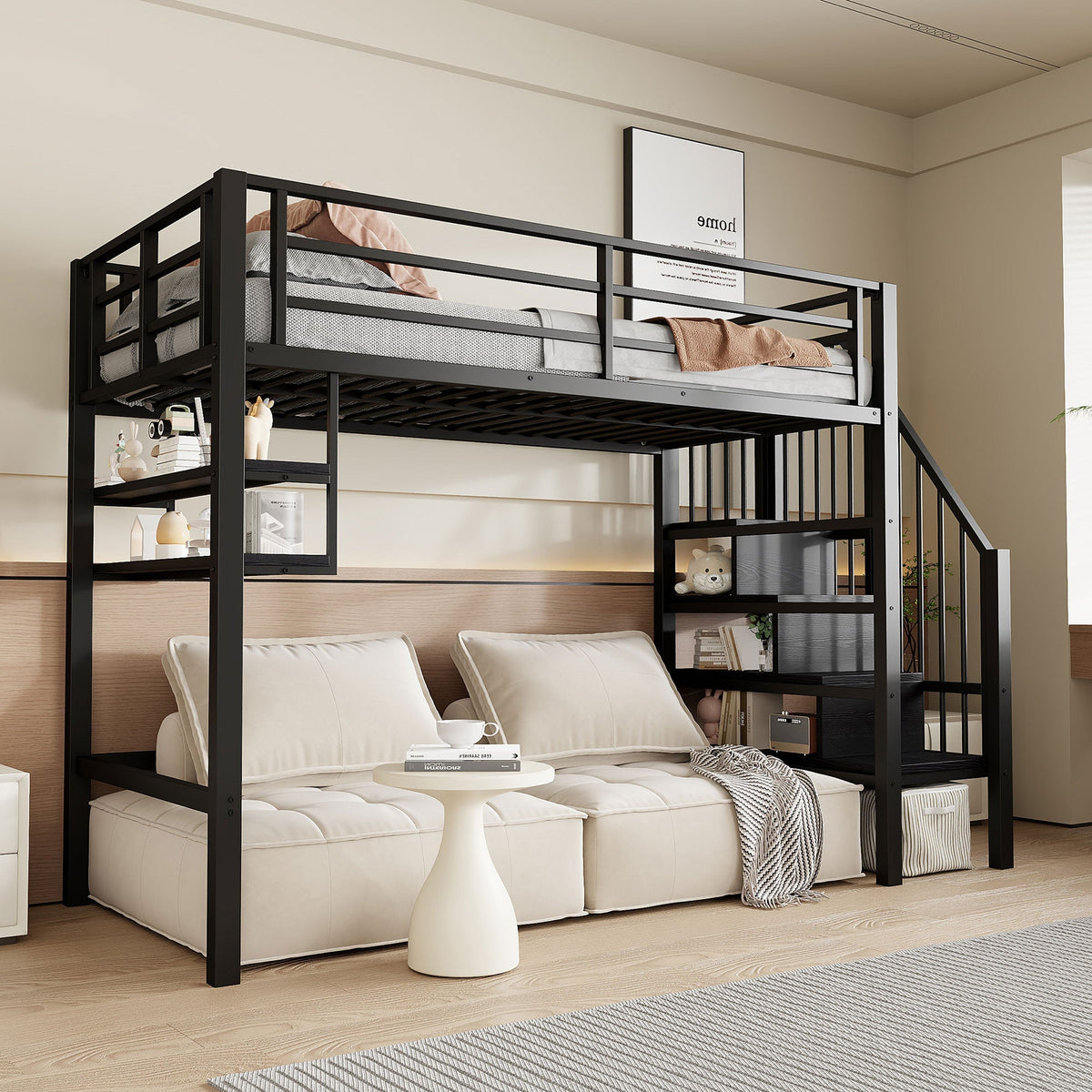 Loft Bed 90x200cm Storage Ladder Shelves Railing - Black
