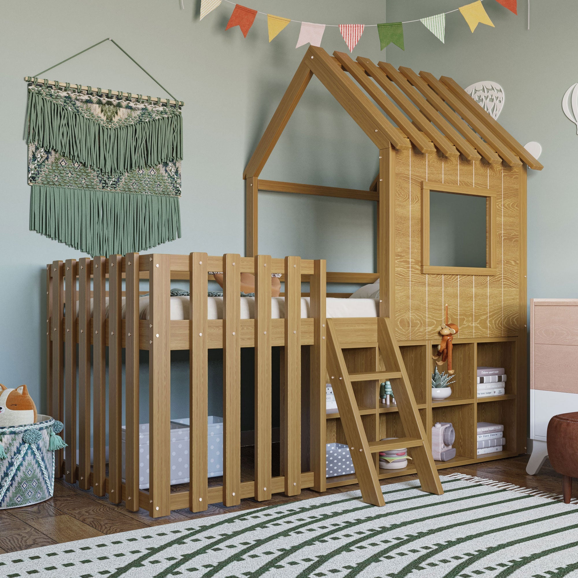 Children's House Bed 90x200 with Roof, Window, Storage & Ladder, Solid Wood