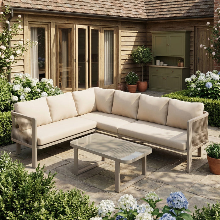 6-Person Garden Furniture Set with Corner Configuration and Glass Tabletop, Khaki Teslin Rope Weaving and Galvanized Steel