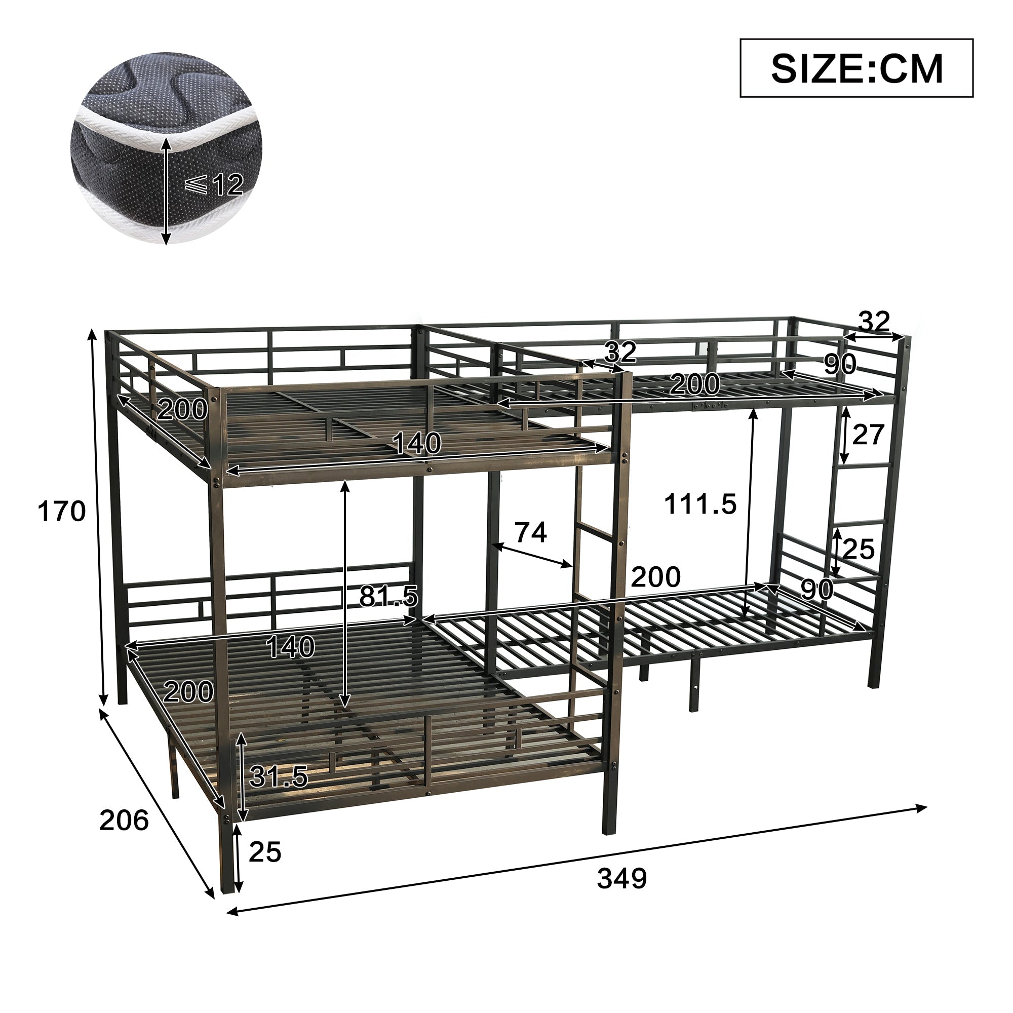 Iron Bunk Bed Multi-Size 90x200cm & 140x200cm Black