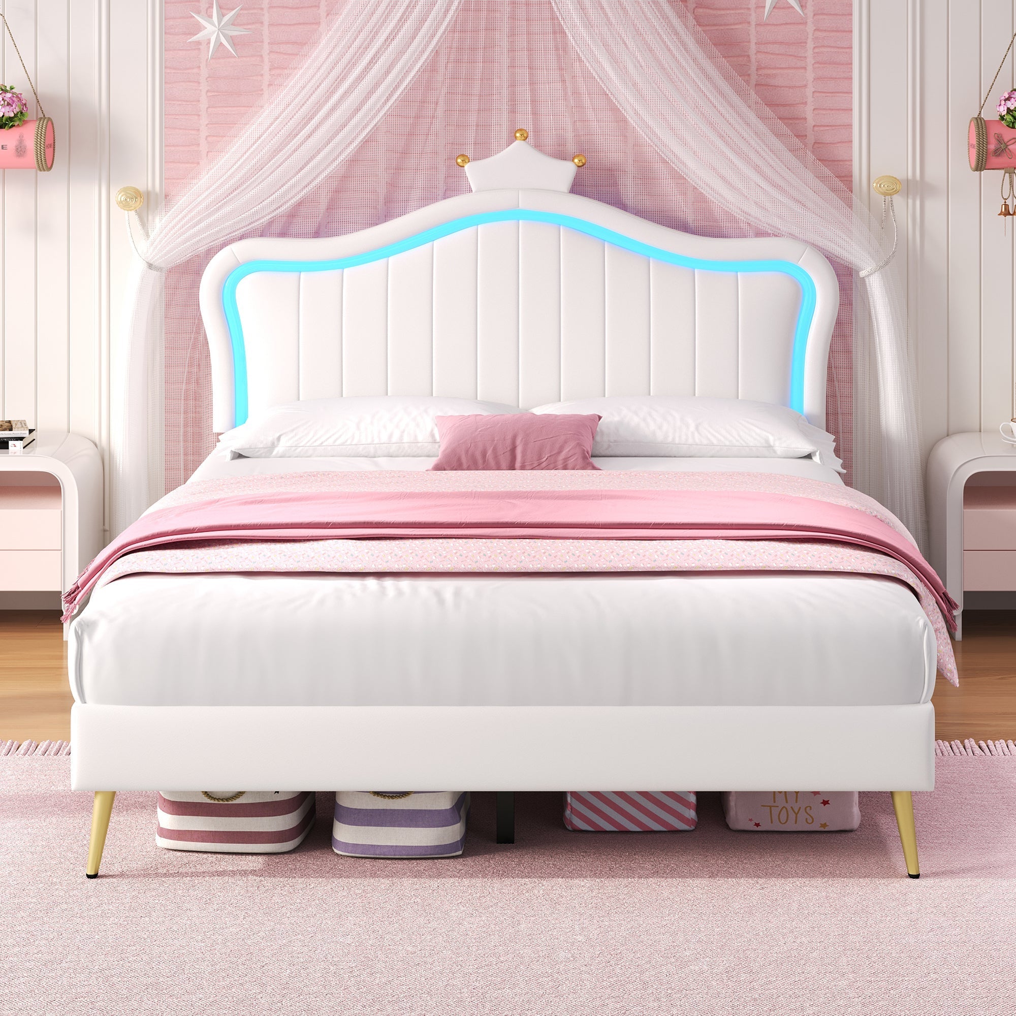 4ft6 Double Upholstered Bed with LED Adjustable Crown Shape Headboard, Cream White PU Leather