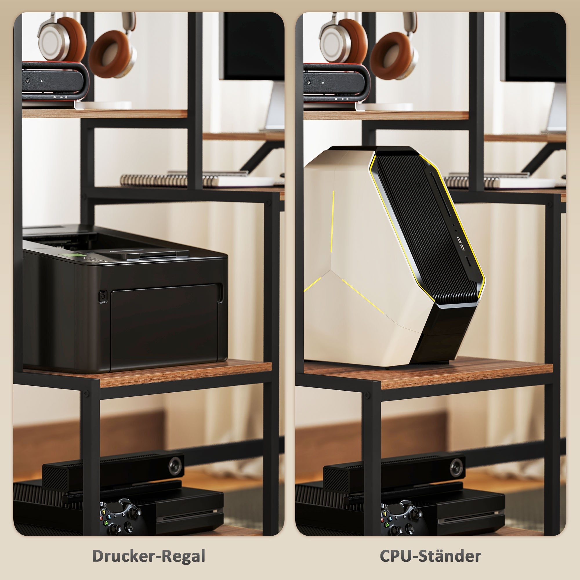 Computer Desk, Monitor Stand CPU Stand Printer Shelf 4 Shelves, Brown