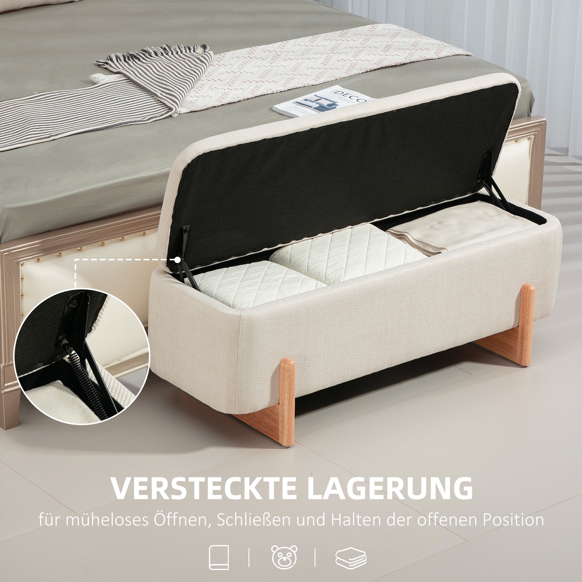 Storage Bench, Upholstered with Safety Hinges & Wooden Legs, Linen Look