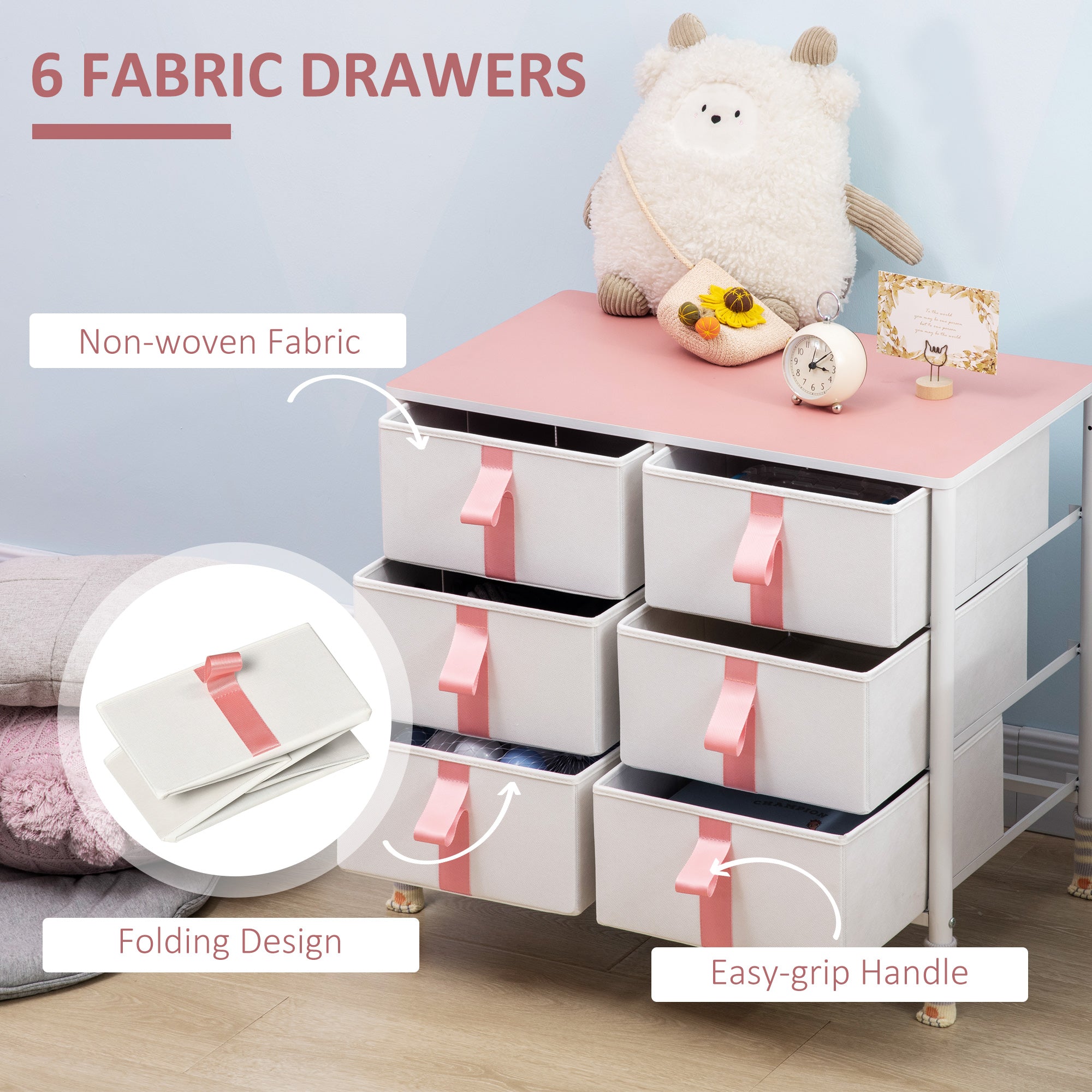 Chest of Drawers: 6 Fabric Drawers, Metal Frame, Wooden Top, Pink