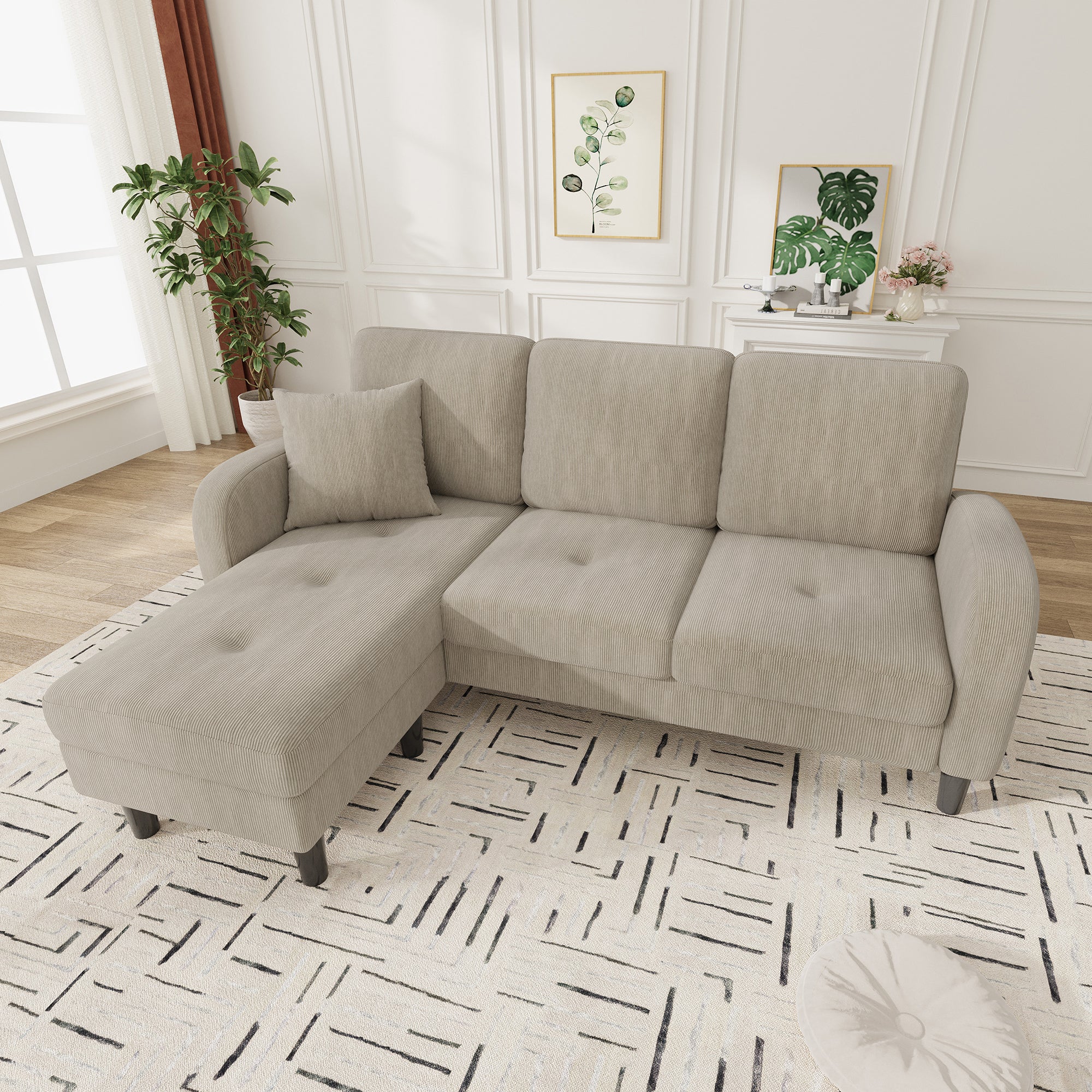 L-shaped Corner Sofa with Chaise Longue, 3-Seater Modular Design, Corduroy Fabric