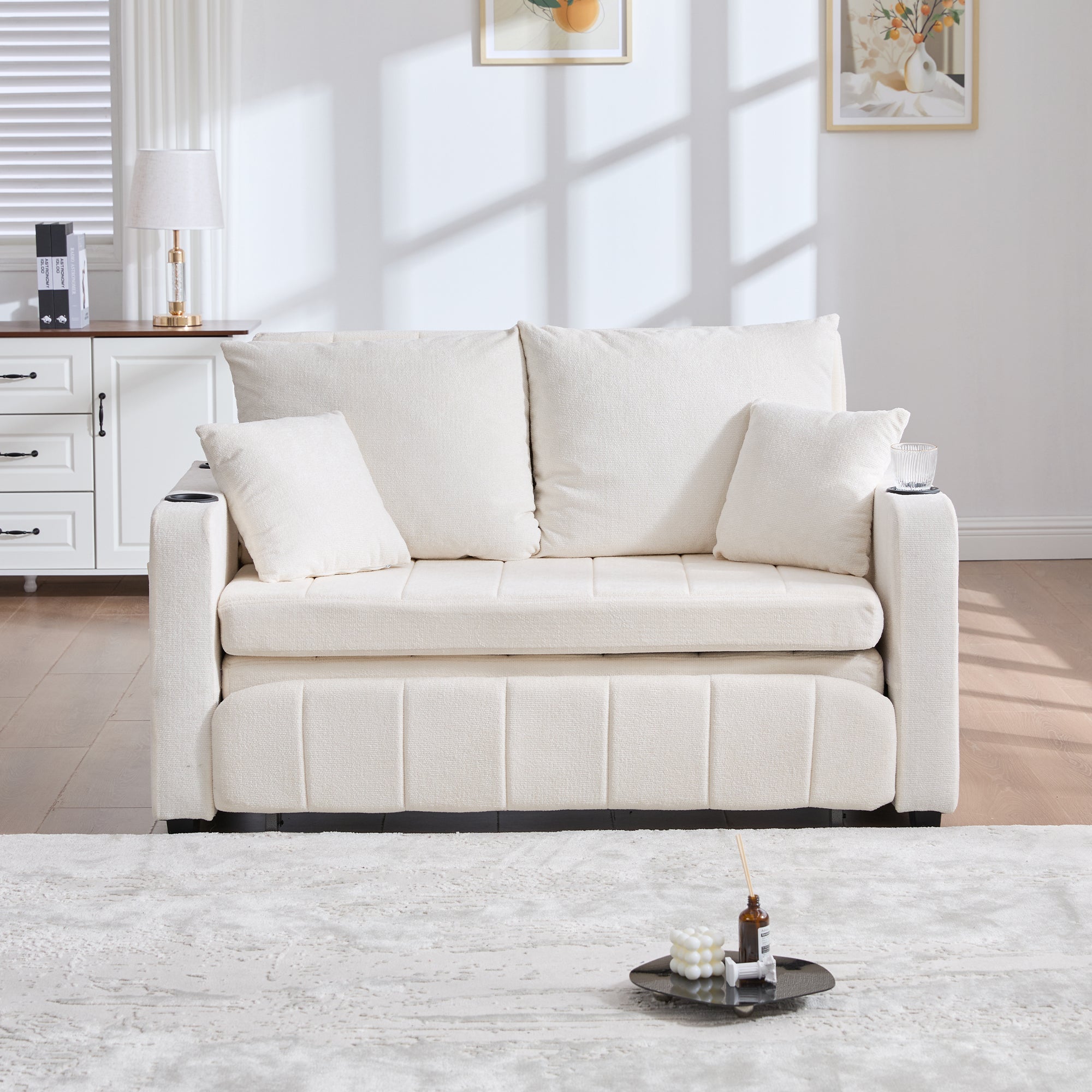 Sofa, Multifunctional Folding Pull-Out with USB & Cup Holder, Fabric
