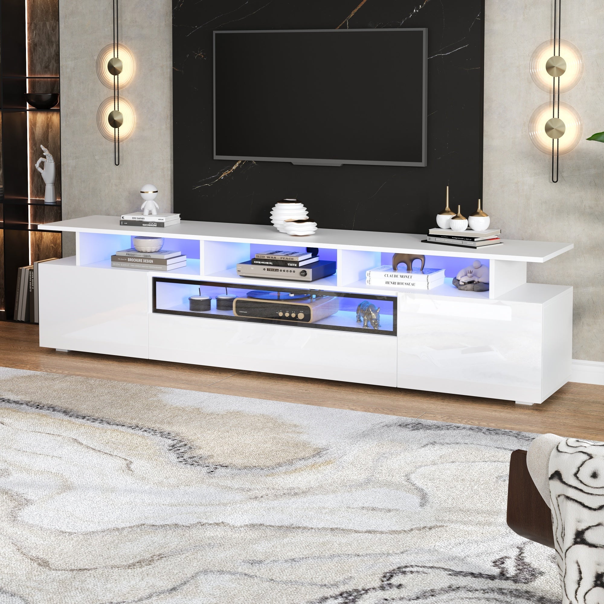 TV Cabinet, 180x38x45cm High-Gloss with 2 Cabinets, 1 Drawer, LED, for 75-inch TVs