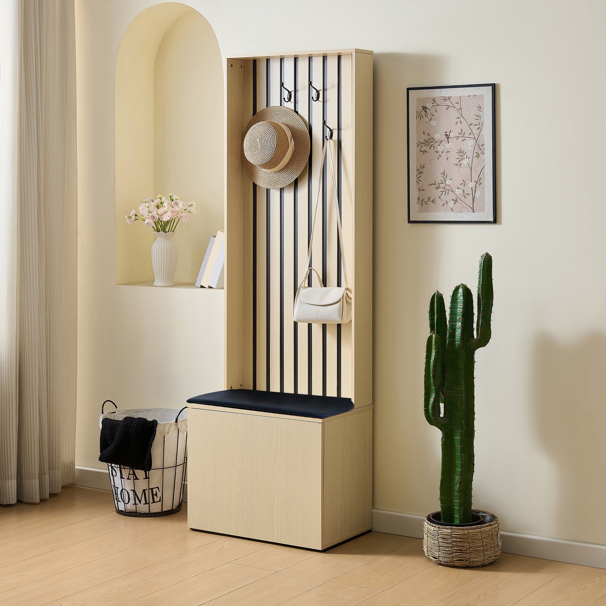 Modern Wardrobe with Bench & Shoe Storage, 4 Hooks, Wood/MDF