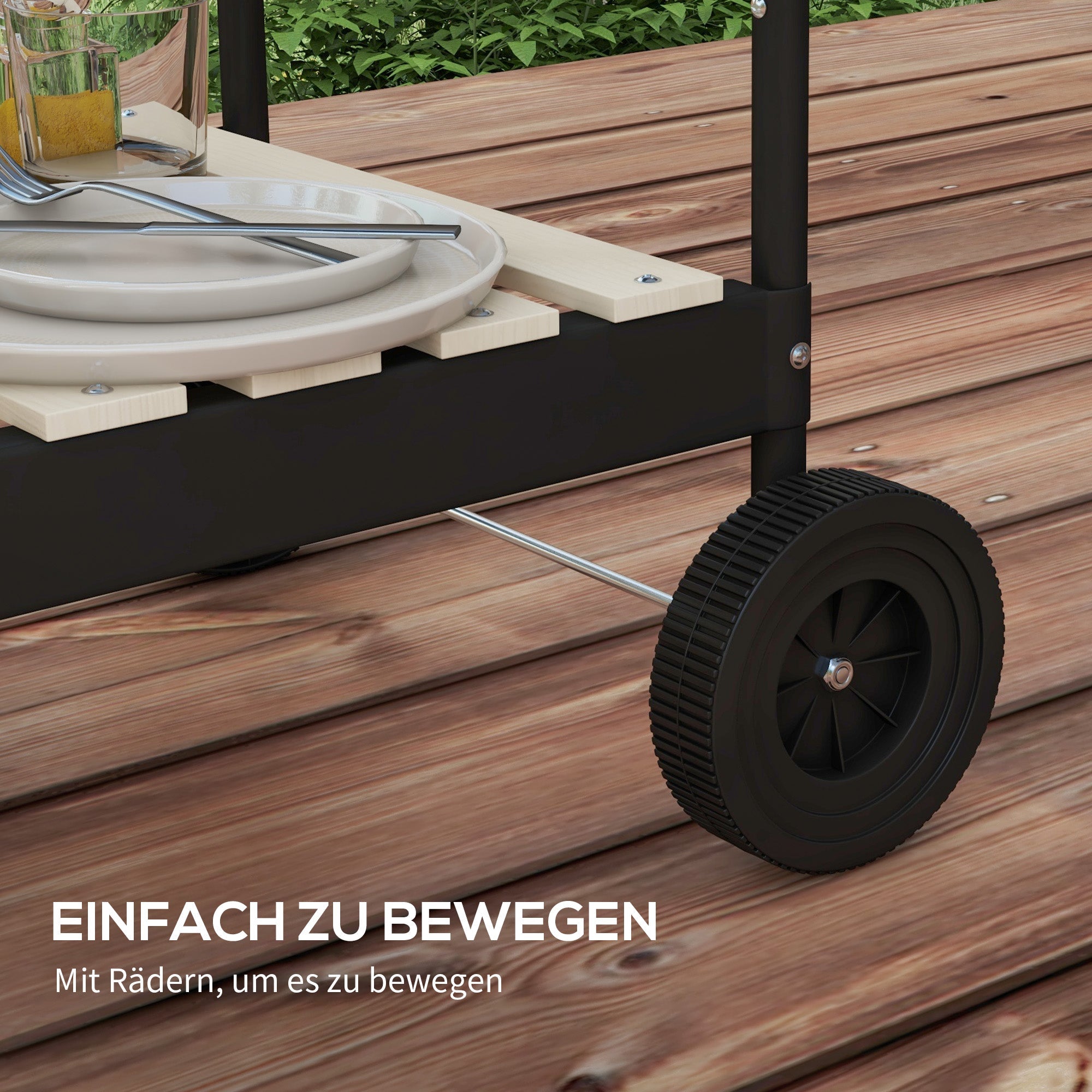 Charcoal Grill BBQ Smoker with Wheels, Adjustable Grate, Wood Shelf, Metal