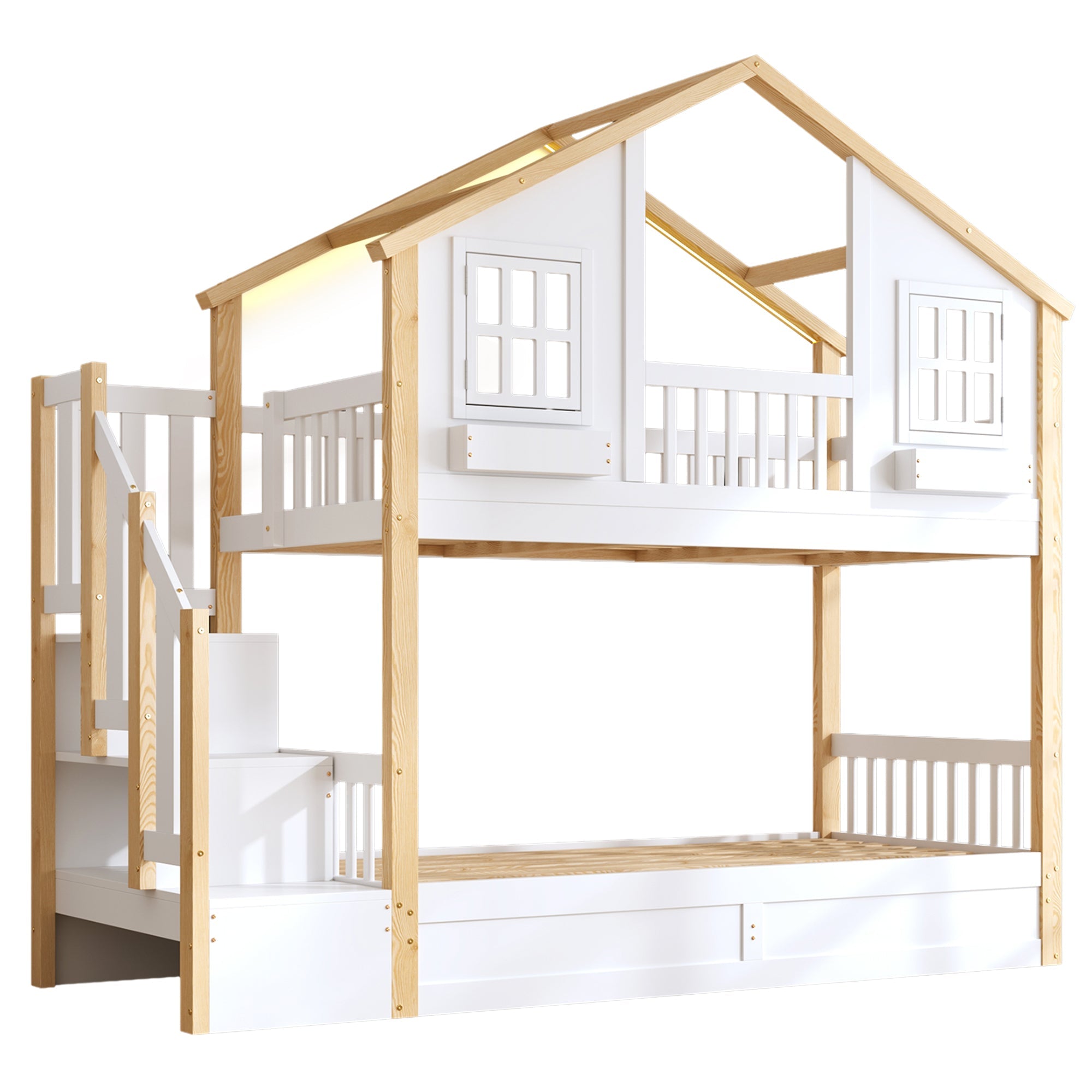Bunk Bed with Hydraulic Lower Bed, LED Lighting and Storage Stairs, 90x200cm, White and Natural Solid Wood