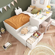 Kids Single Bed with Desk and Drawers, 90 x 190 cm, White Wooden Frame