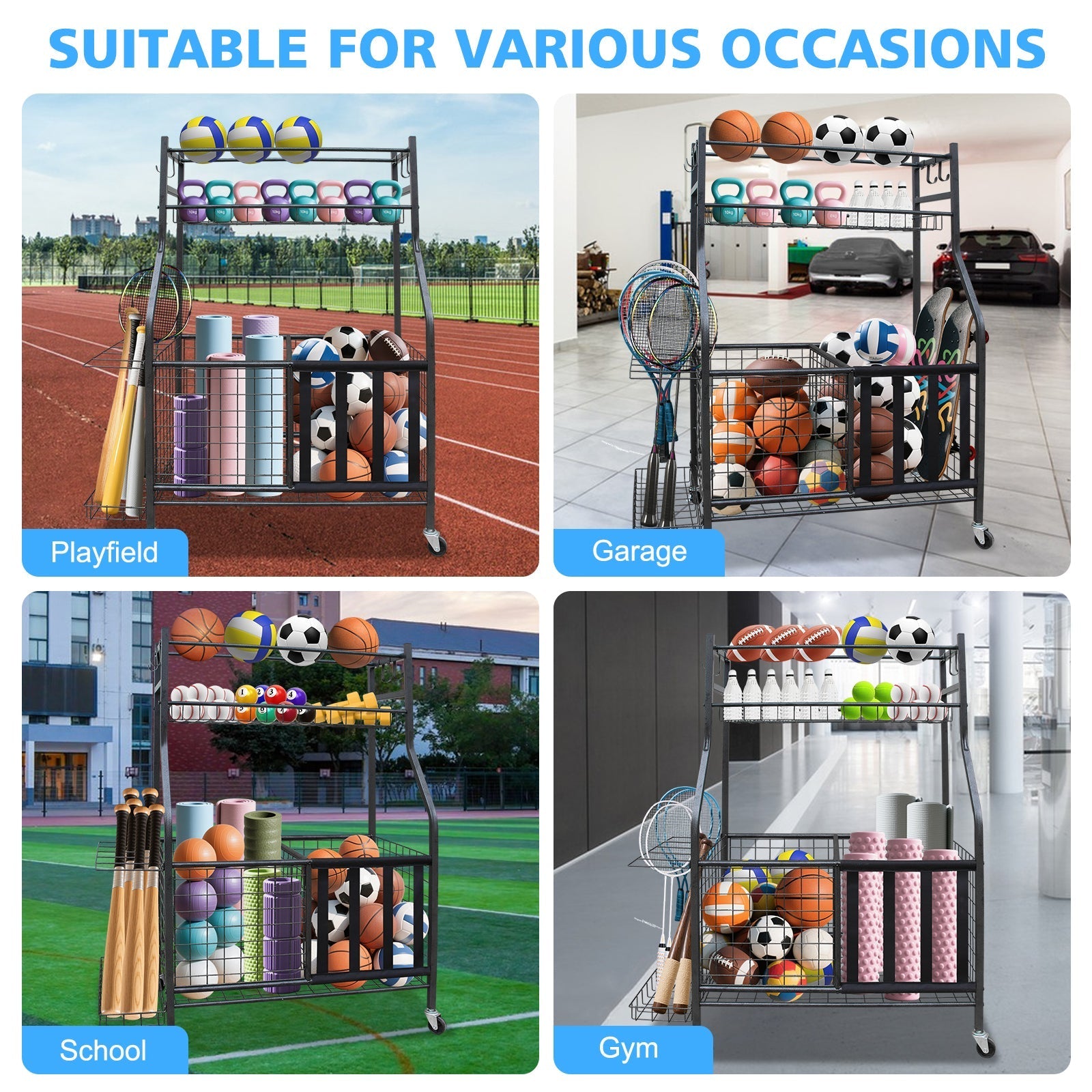 Garage Sports Equipment Organizer Large Capacity Rolling Ball Cart Indoor/Outdoor
