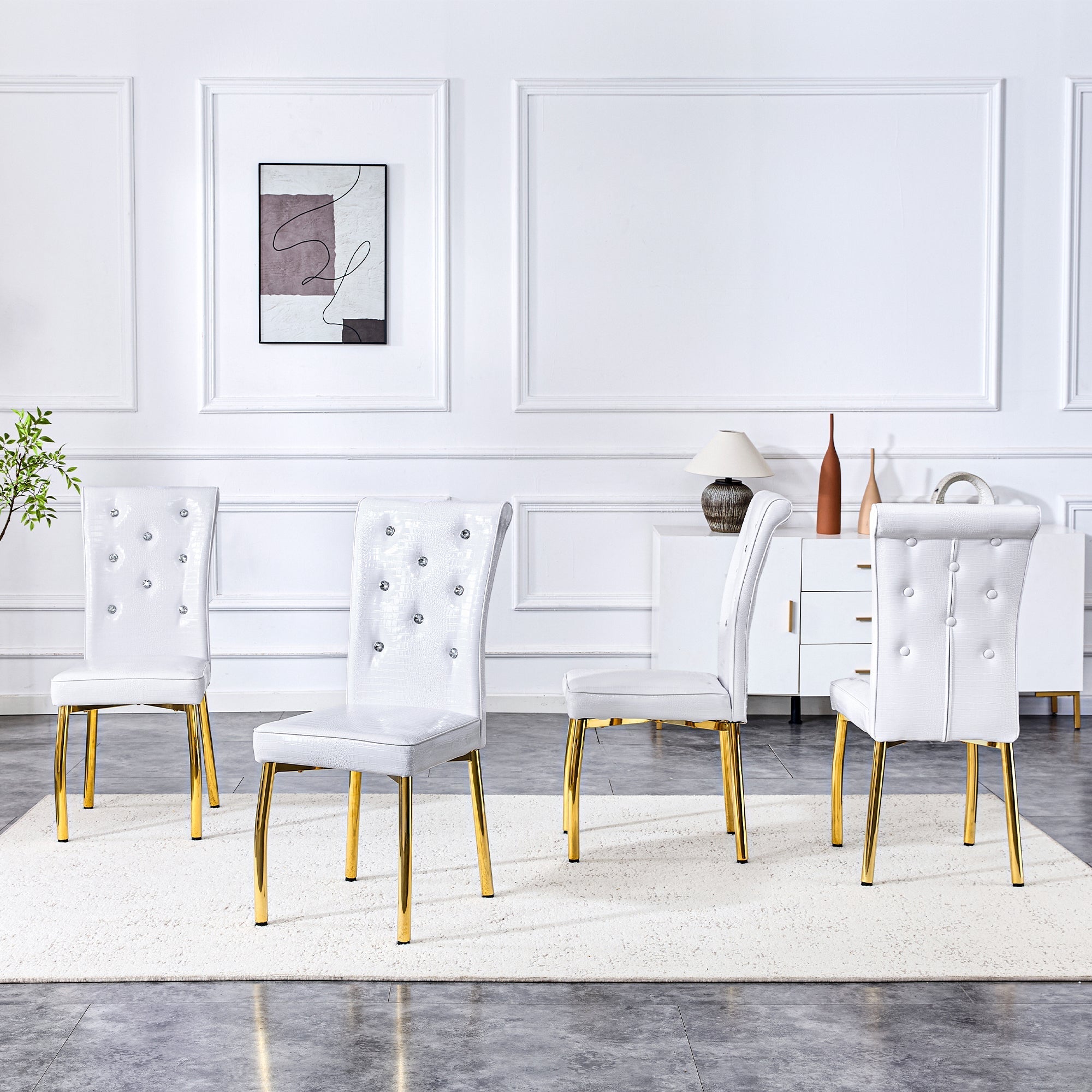 Set of 2 Dining Chairs Retro Alligator-Skin Crystal Buckle Gold Legs - Faux Leather