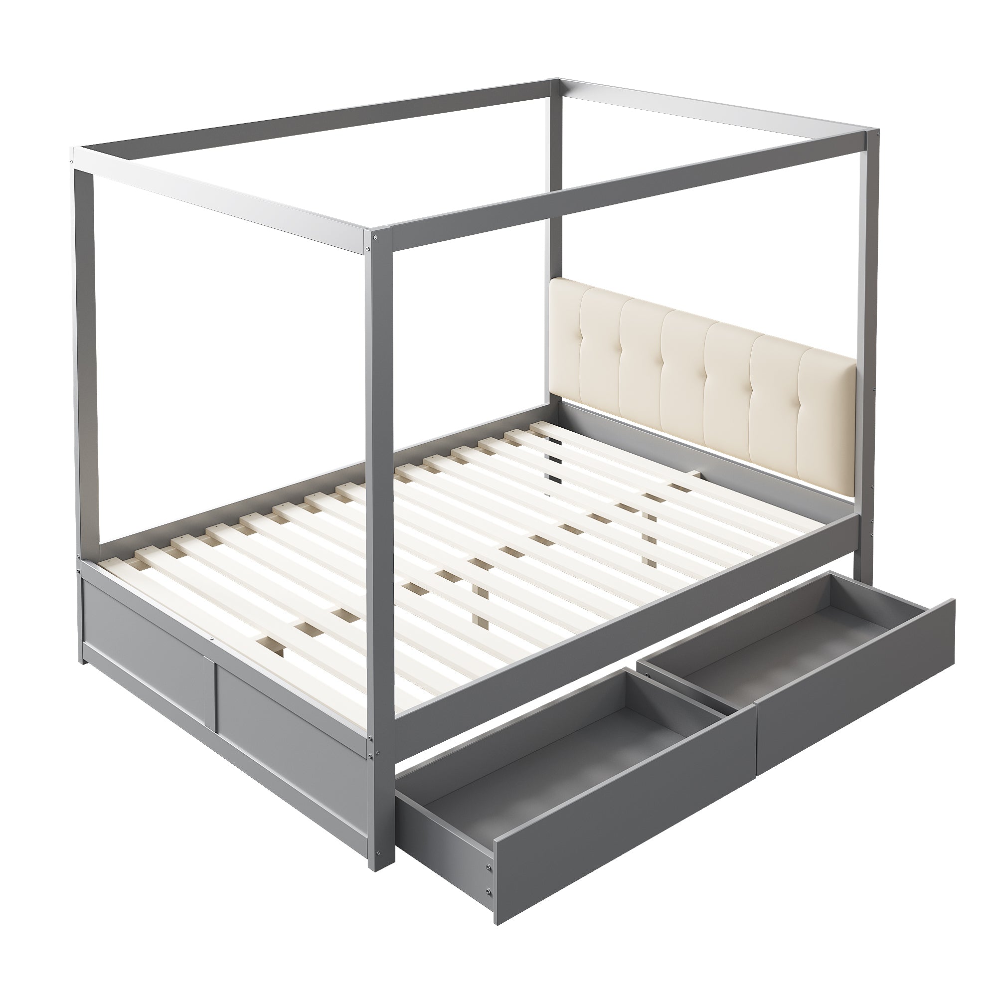 Canopy Bed 140x200cm Large Drawers Soft Headboard, Wooden Grey