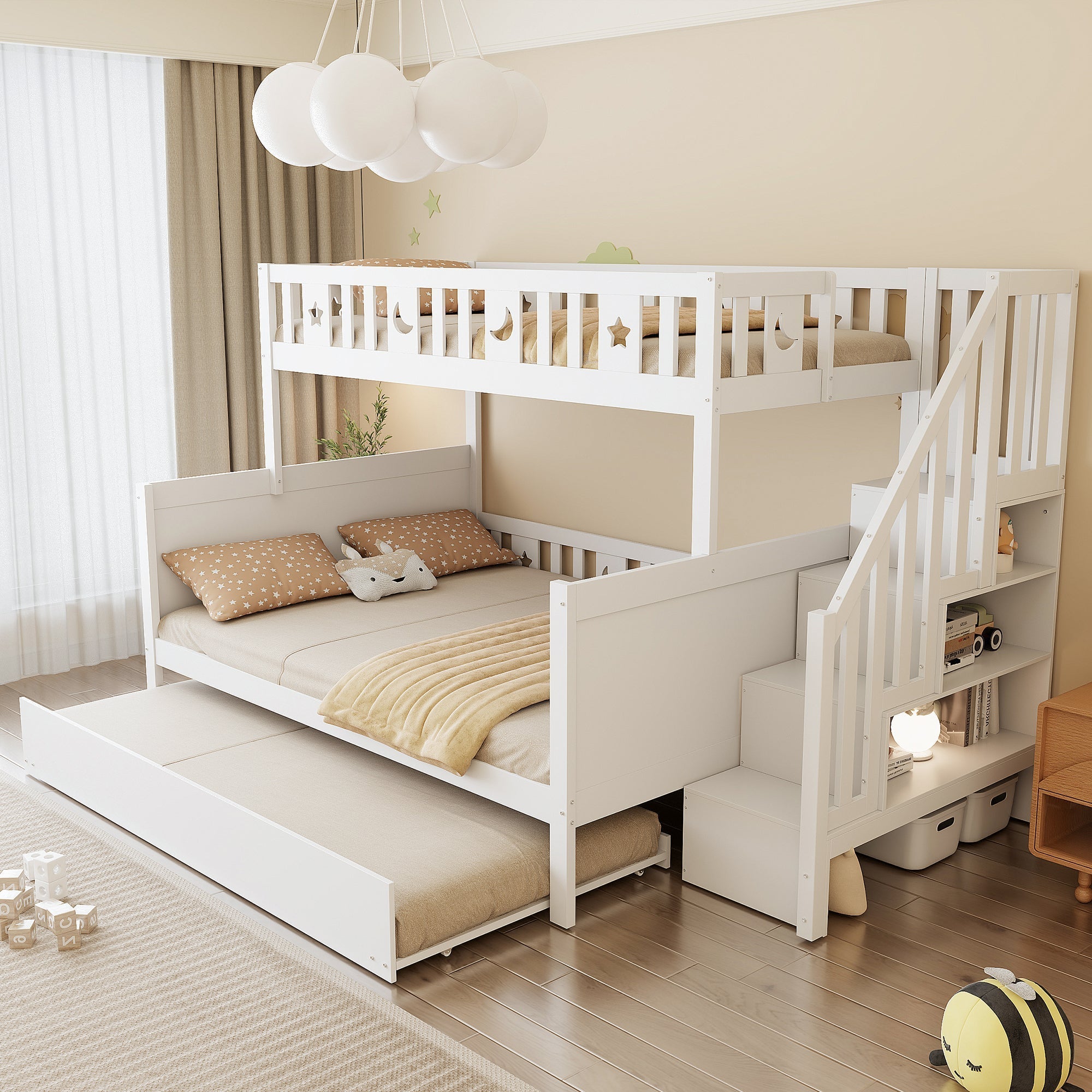 Multifunctional Bunk Bed with Storage and Slatted Frame, 90x200 and 140x200, White Pine Wood