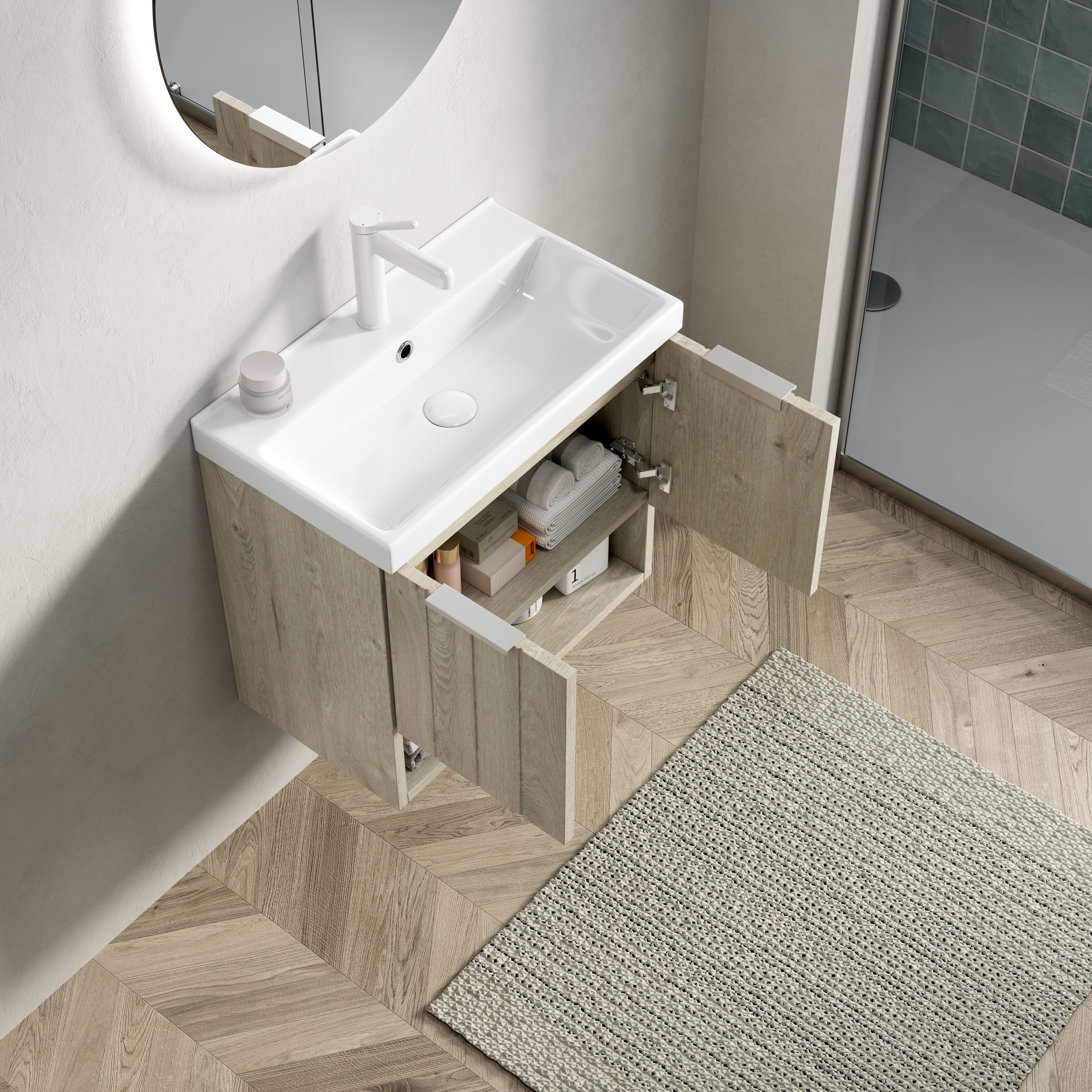 Bathroom Vanity Unit with Ceramic Sink and Open Shelf, Oak Cream Wood Grain