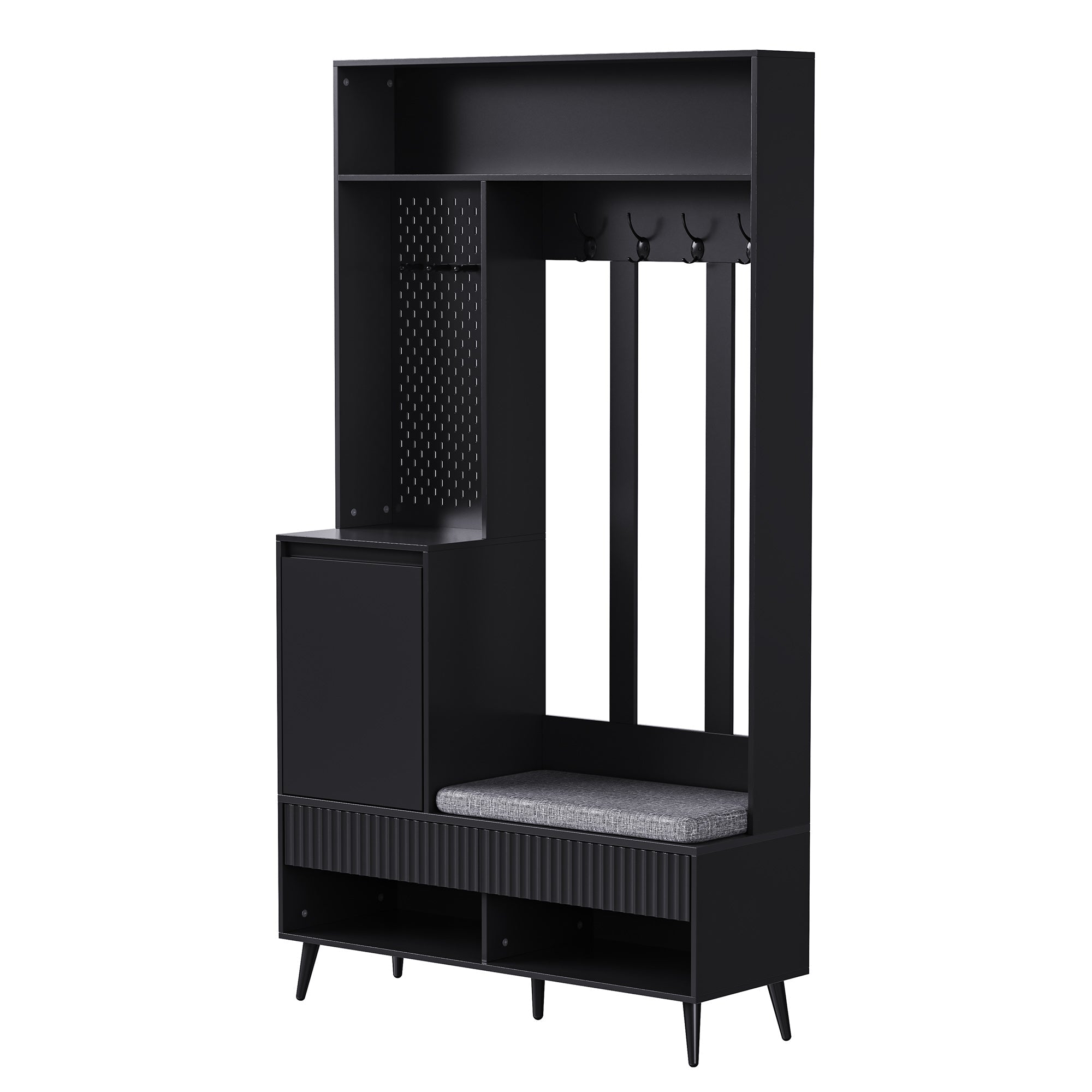 Wardrobe set with shoe bench, 4 coat hooks, two drawers, 1 door, black