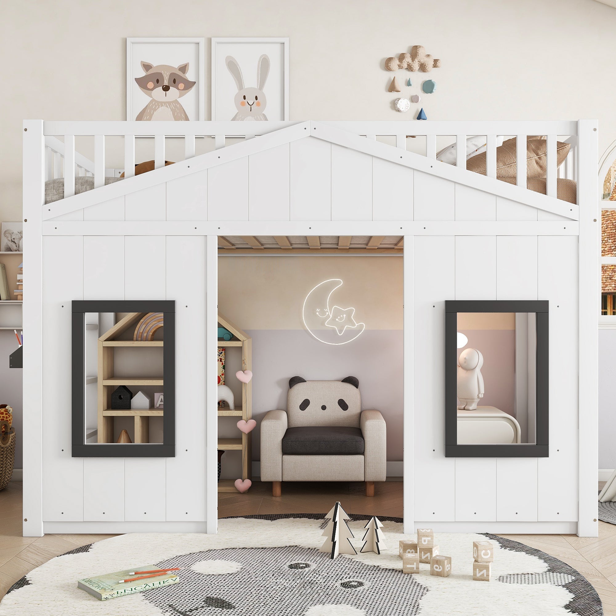 House Bunk Bed 90x200cm, Stairs Railing Window Storage, Pine+MDF White