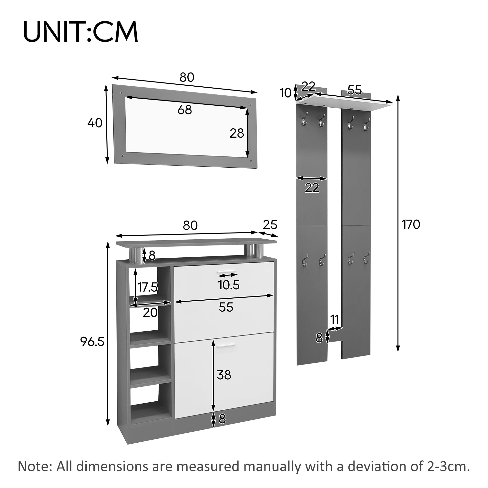 Wall-mounted Wardrobe Set, Mirror, Shoe Cabinet, Anthracite Grey Matt