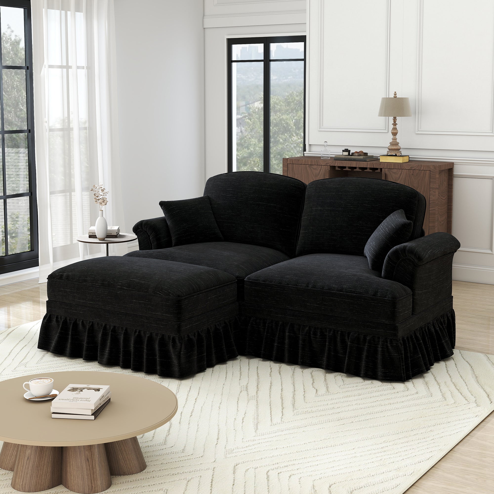 Modular L-Shaped Sofa 2-Seater Mid-Century w/ Ottoman & Ruffled Apron - Chenille Black