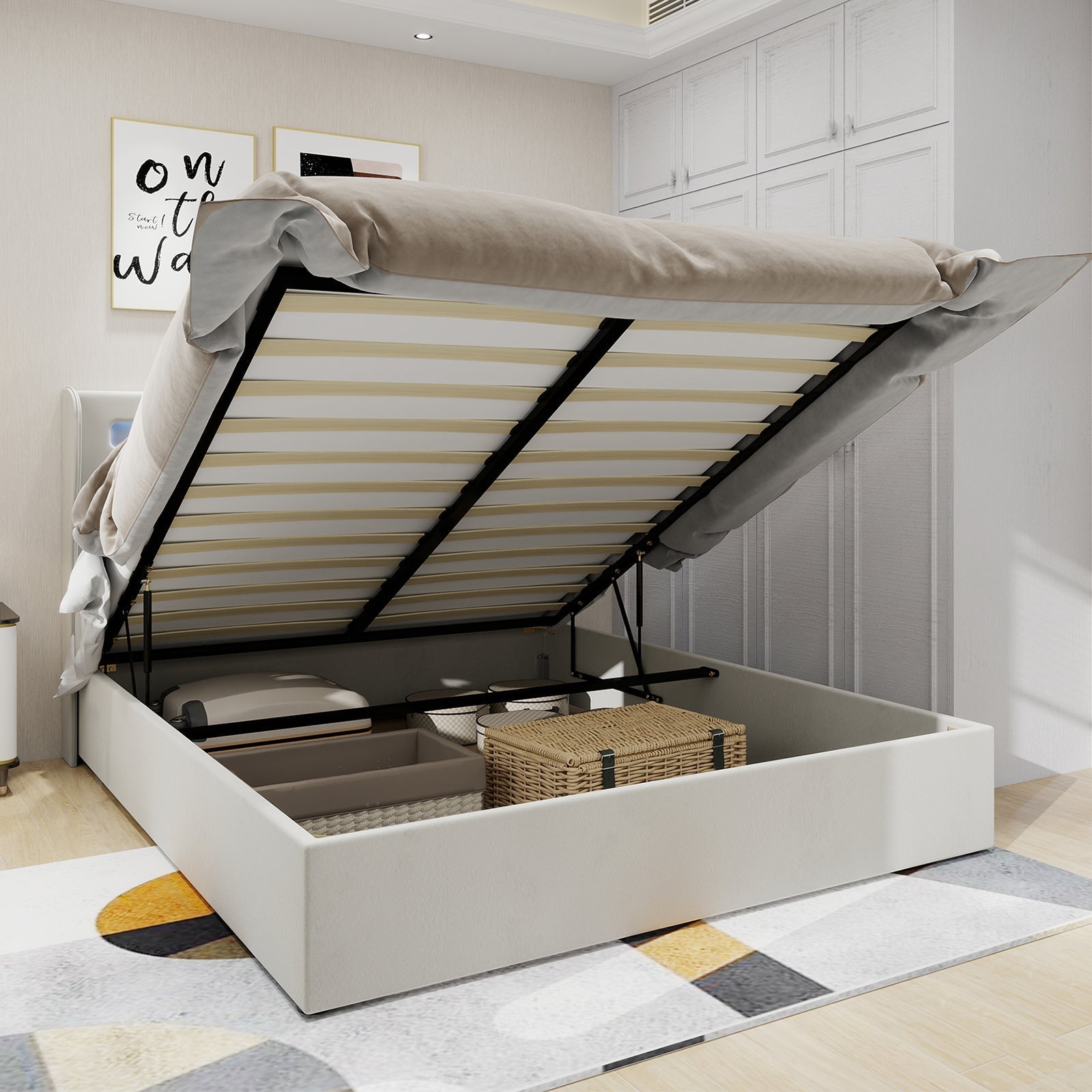 Modern Minimalist Upholstered Bed with LED Headboard, 140x200 cm, Beige