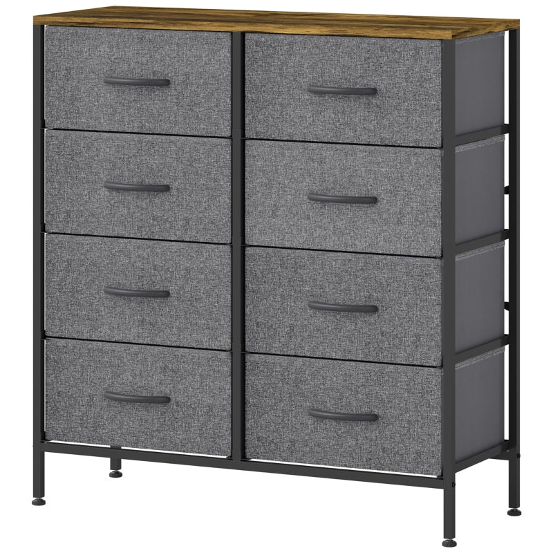 Fabric Chest of Drawers, 8 Drawers Industrial Dresser with Steel Frame Wooden Top, Rustic Brown and Grey