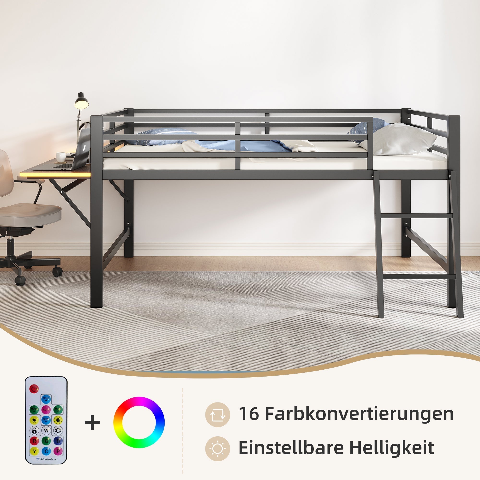 Flatbed Metal Bed 140x200cm Desk Ladder LED Light - Black