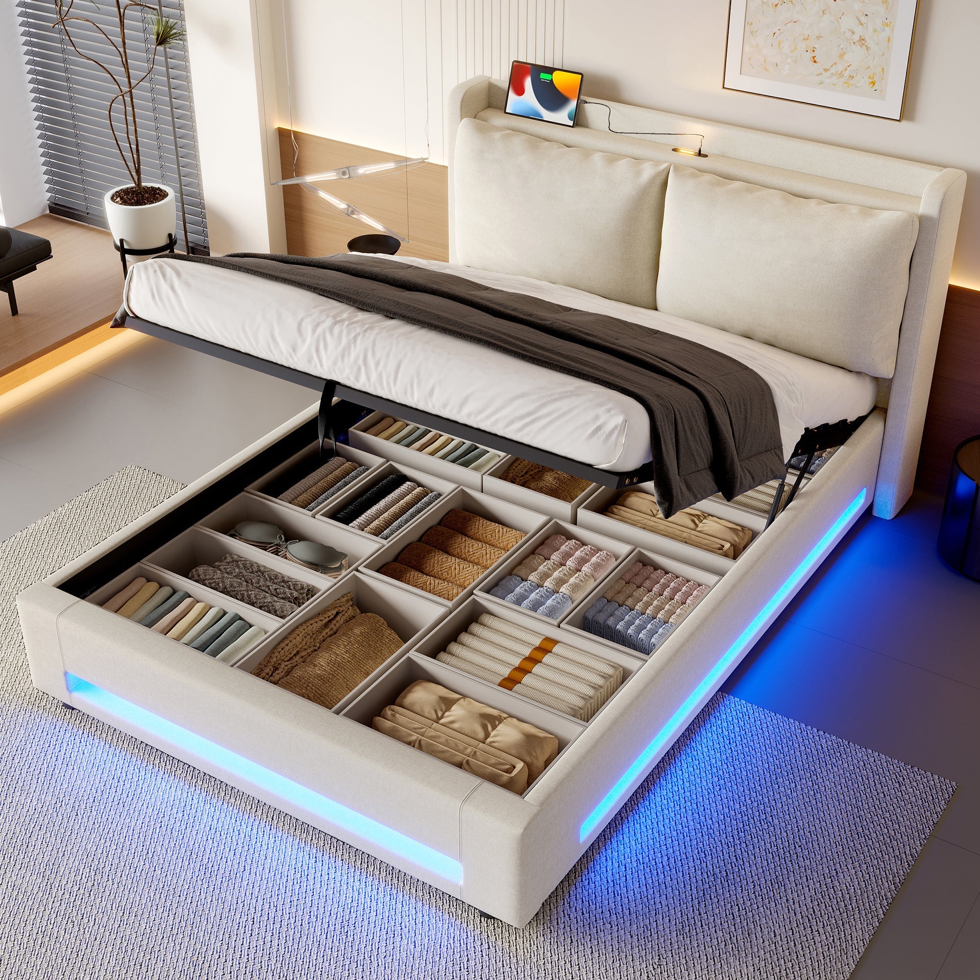 Modern Upholstered Bed with Storage, USB-C, LED Lights, 180x200 cm, Velvet