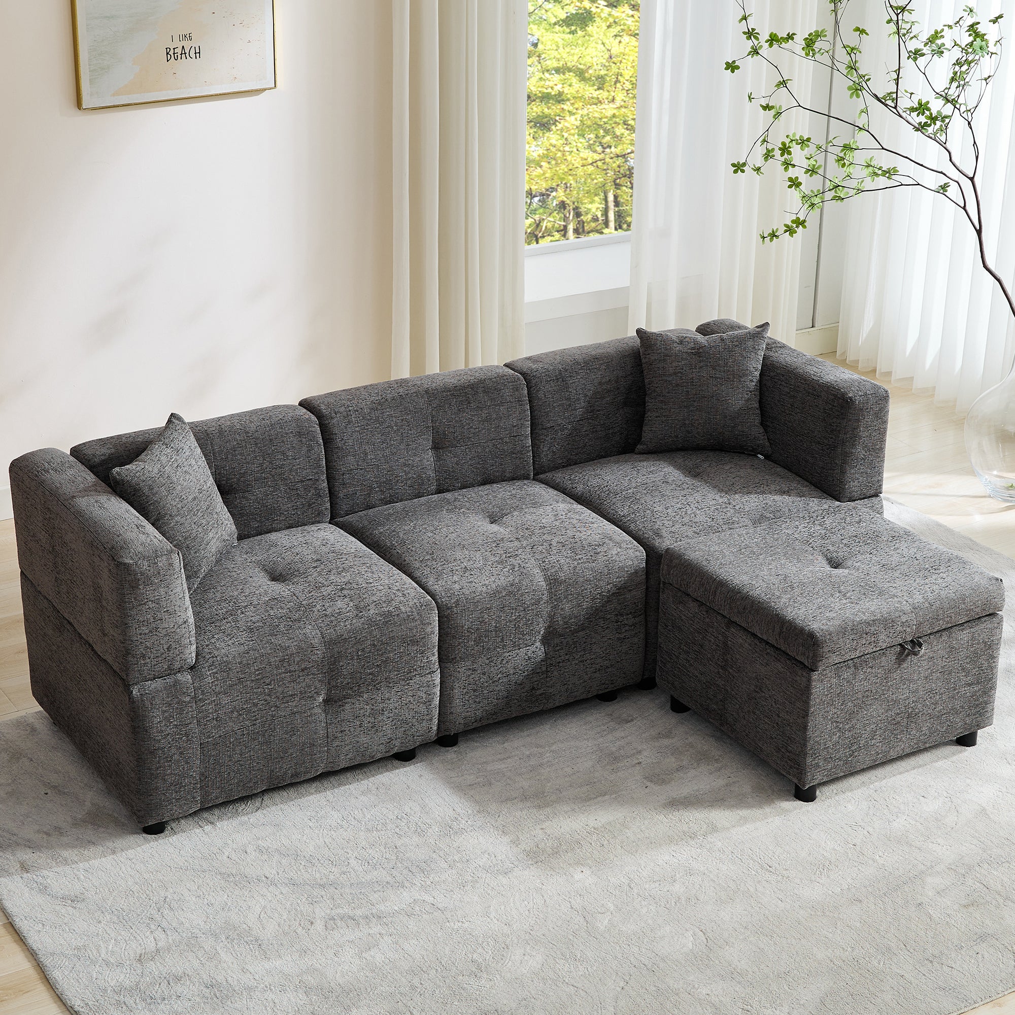 80" Sectional Sofa Couch with Removable Storage Ottoman, L-Shaped, Fabric, Grey