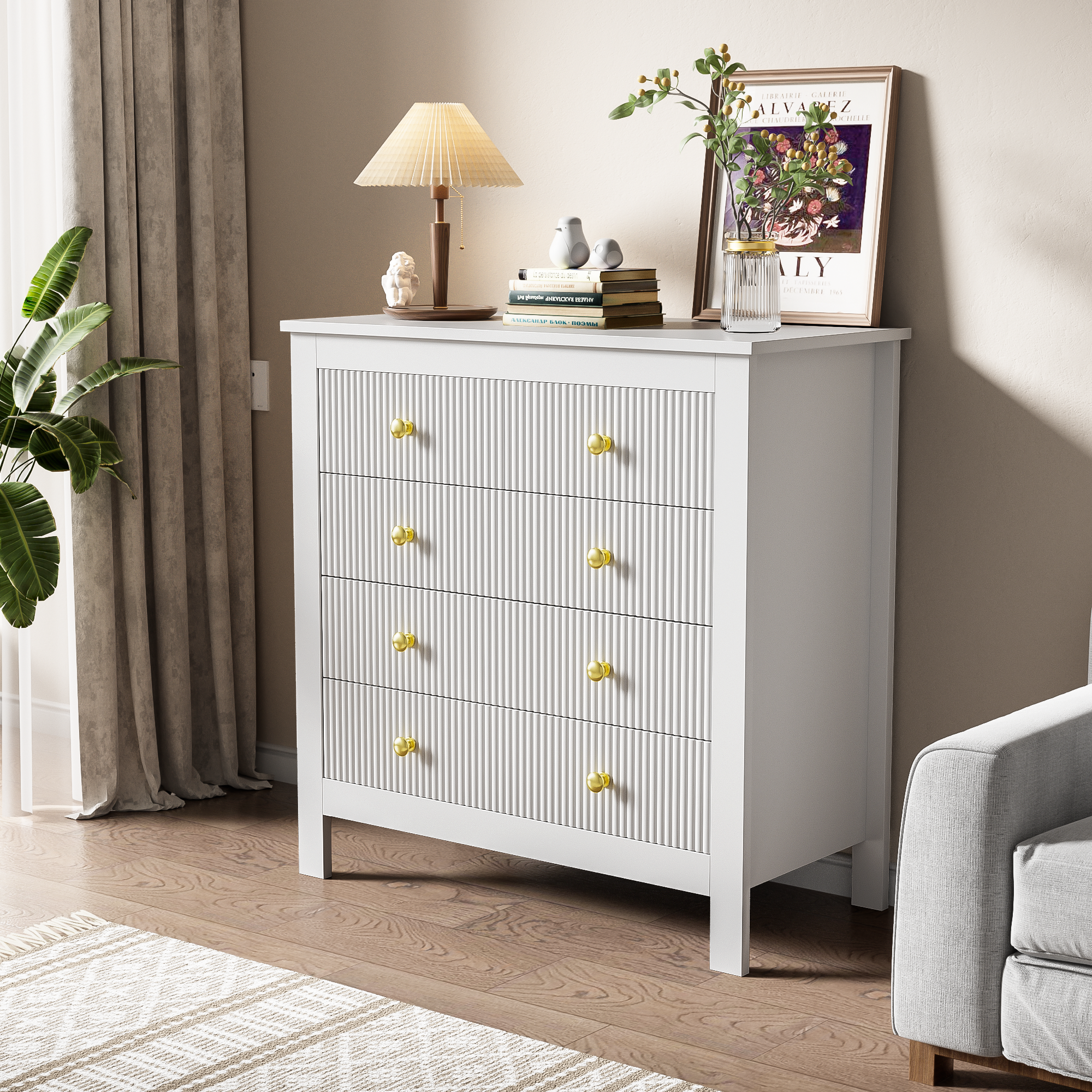 Sideboard, chest of drawers with special doors, gold handles