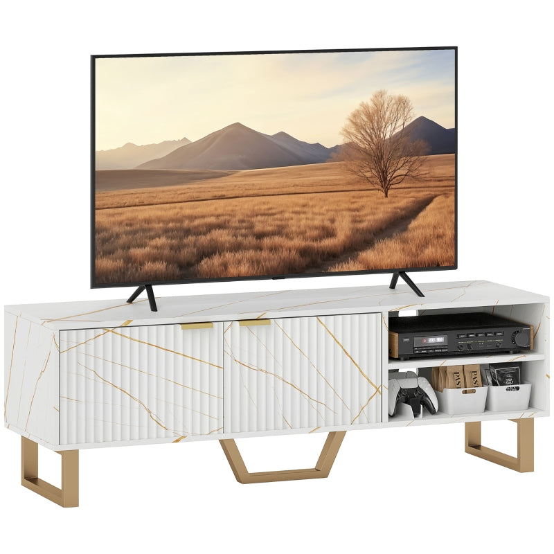Marble Effect TV Unit Stand for 70" TVs, Fluted Door Storage, White